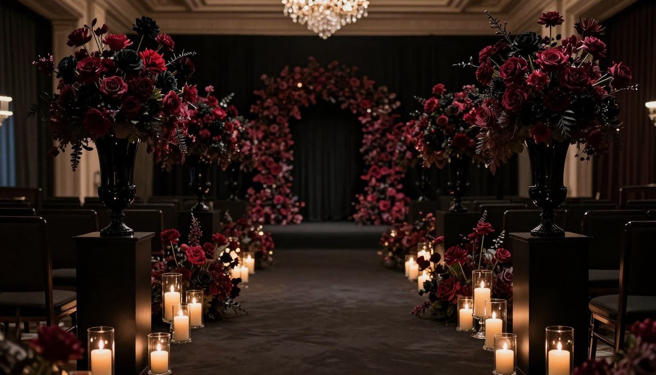 Wedding aisle lined with dark romantic floral arrangements and candles