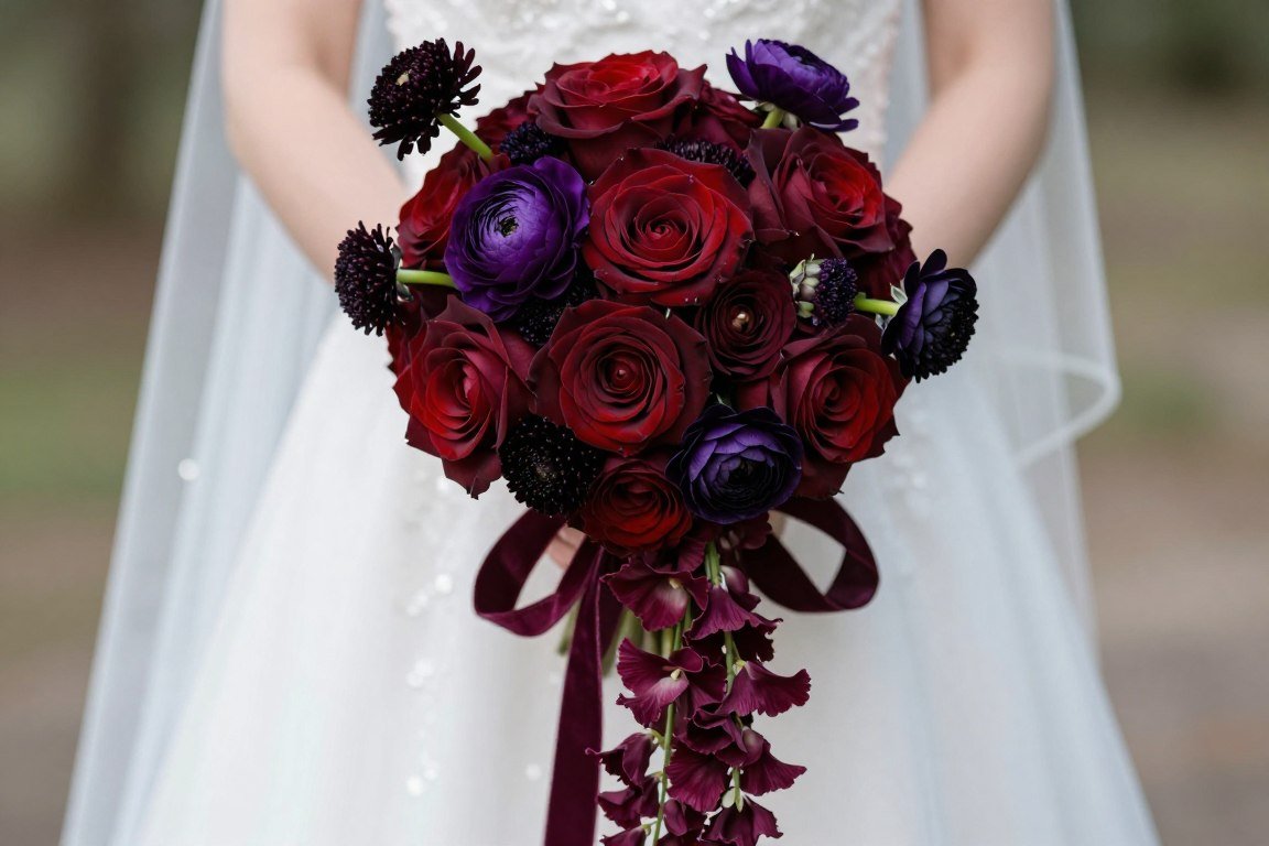 Cascading dark romantic bridal bouquet with burgundy roses and trailing amaranthus