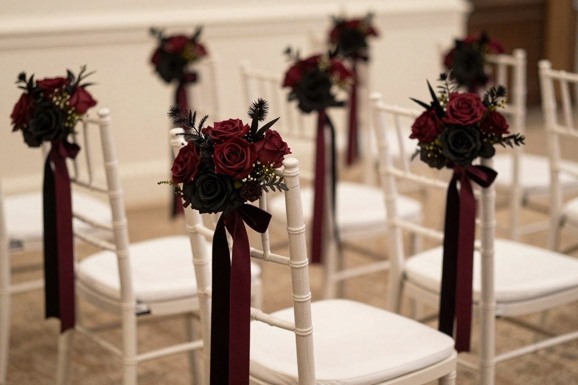 Wedding chairs adorned with small dark romantic floral arrangements