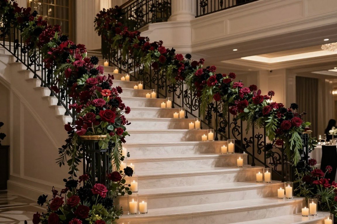 Grand staircase decorated with dark romantic floral installation and candles
