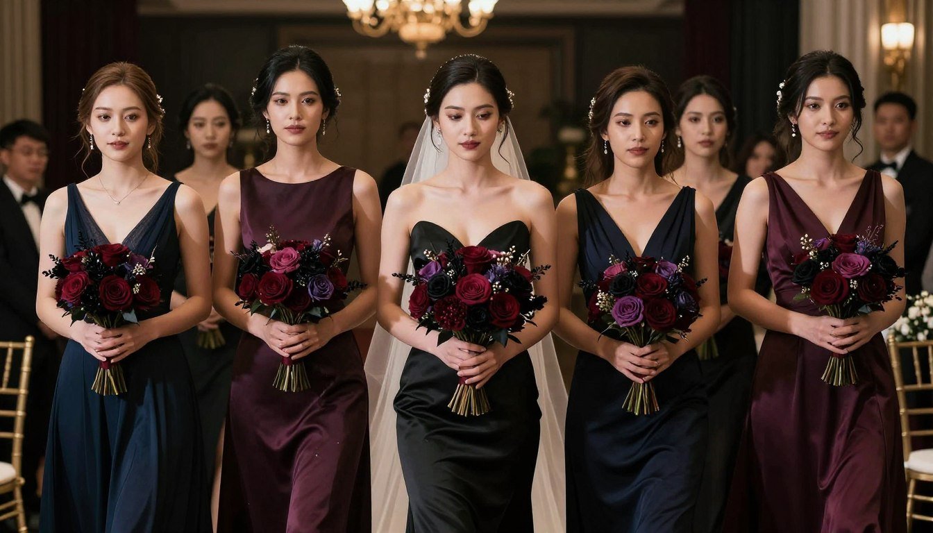 Bridal party with coordinated dark romantic bouquets making dramatic entrance