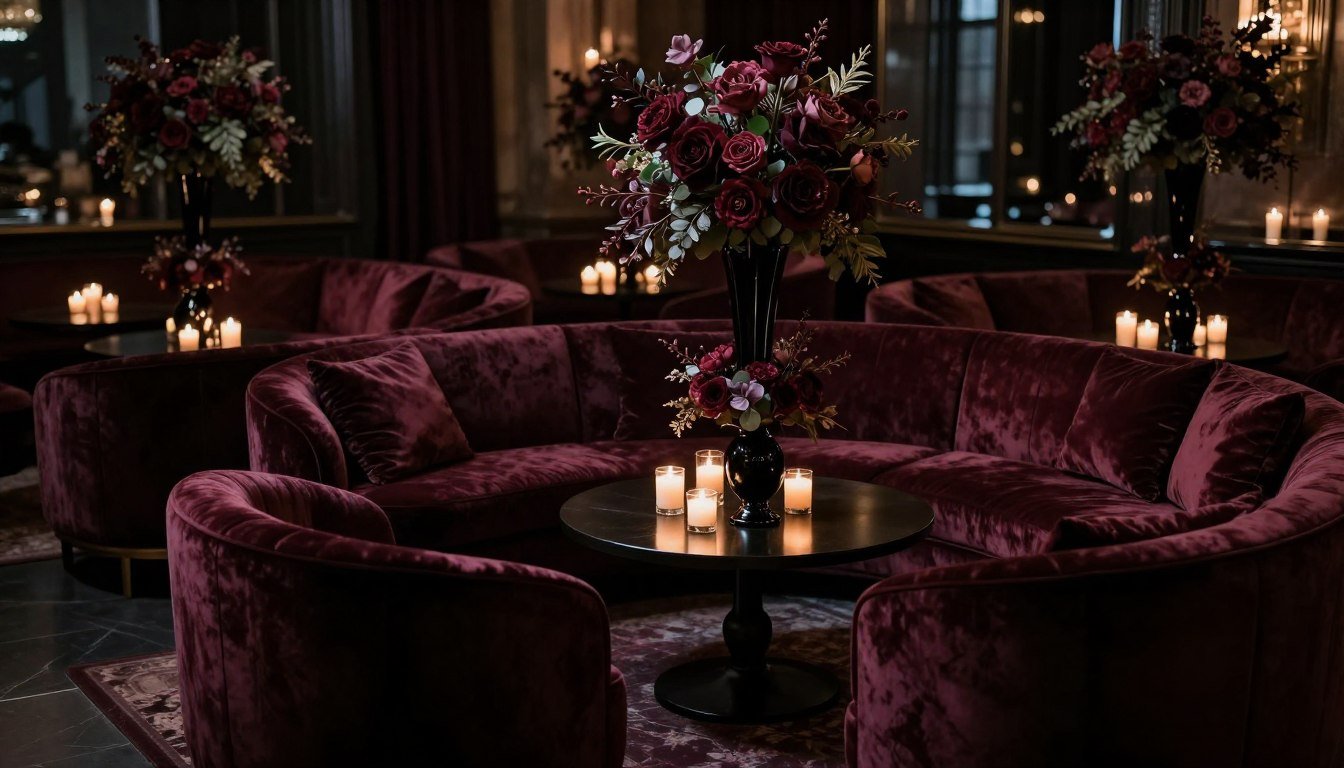 Wedding lounge area with dark velvet furniture and moody floral arrangements