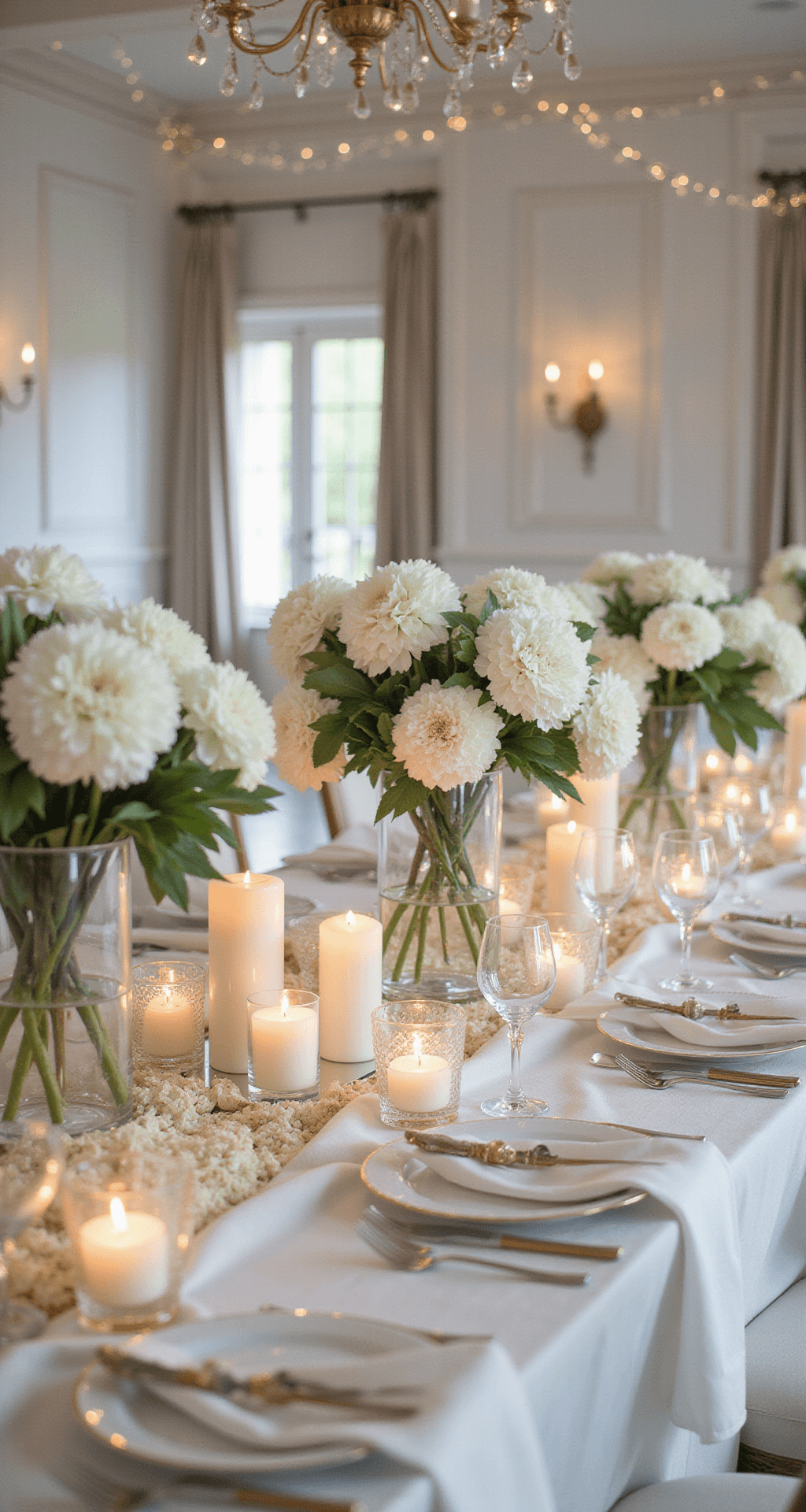 A photorealistic wedding reception in an elegant white ballroom, featuring a long rectangular table with ivory linen and layered white runners, adorned with centerpieces of white flowers in tall glass vases, flickering ivory candles, and warm candlelight casting gentle shadows, complemented by crystal glassware and overhead fairy lights, with subtle metallic gold accents.