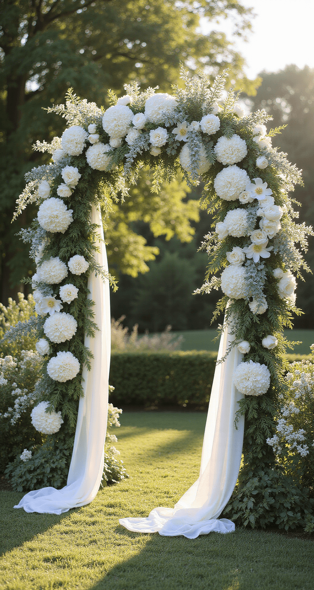 Intimate wedding arch made of lush white flowers and greenery in a sunlit garden, with draped fabric and sparkling details.