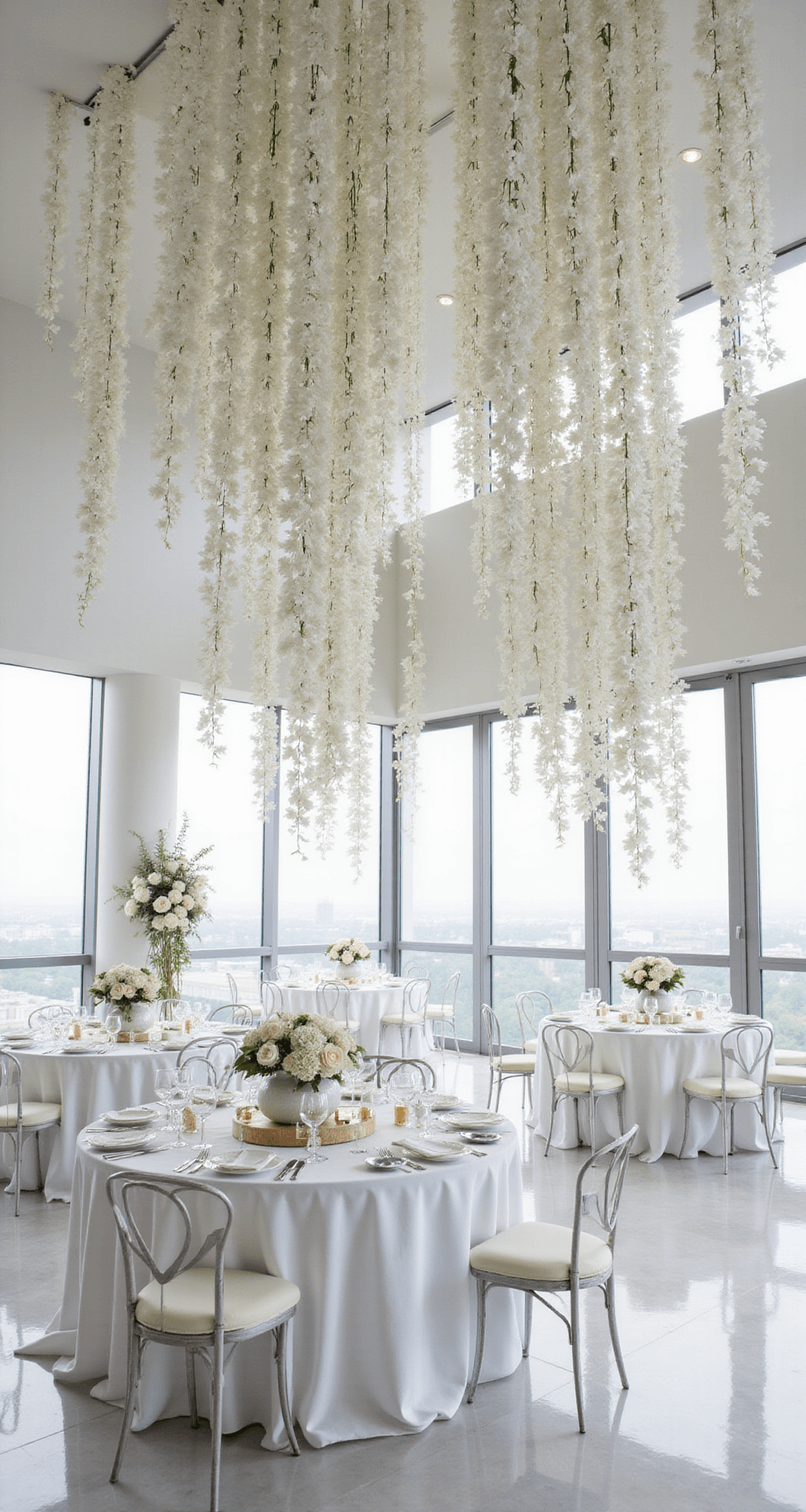 Modern minimalist wedding reception featuring white and ivory orchid installations suspended from the ceiling, with floor-to-ceiling windows illuminating sleek marble floors. Round tables dressed in ivory linens and adorned with geometric white ceramic centerpieces and crystal place settings, enhanced by soft cool lighting and metallic silver accents.