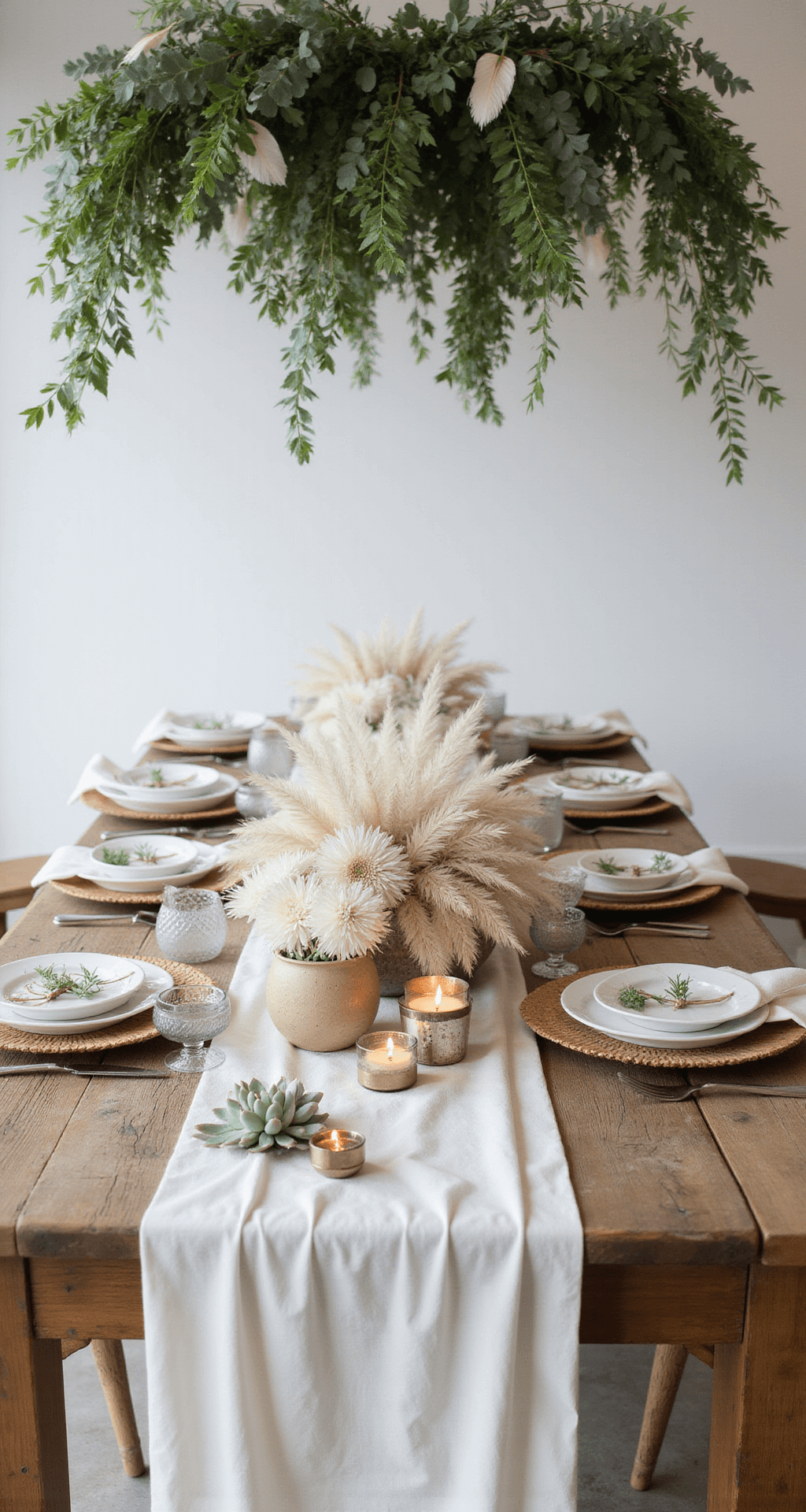 Boho-inspired wedding tablescape with a long wooden farm table draped in ivory linen, featuring pampas grass arrangements, bleached wooden elements, white ceramic plates, and geometric planters with succulents. Metallic votives provide candlelight, and an overhead greenery garland with eucalyptus and feathers decorates the scene, all under soft, diffused natural light.