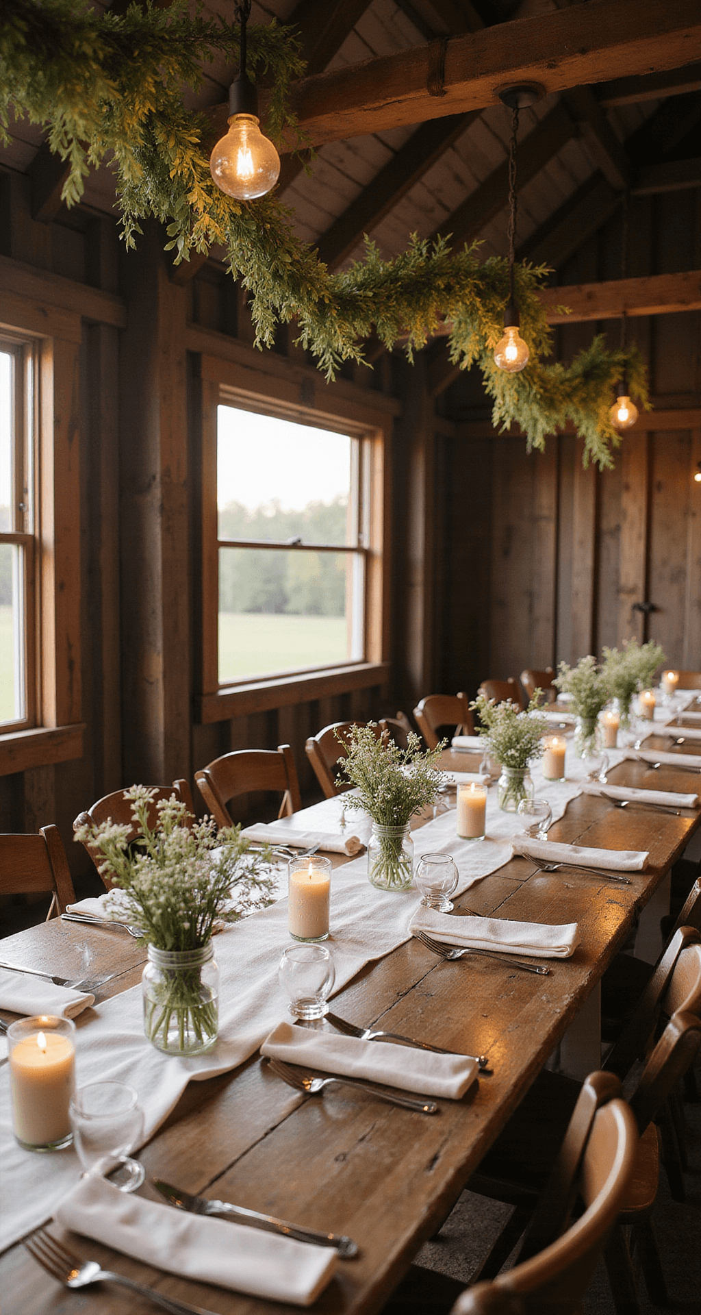 A cozy rustic farmhouse wedding reception featuring long wooden tables with ivory linen runners, mason jars of wildflowers and taper candles, bathed in soft golden hour sunlight filtering through barn windows, highlighting exposed wooden beams and greenery garlands above.