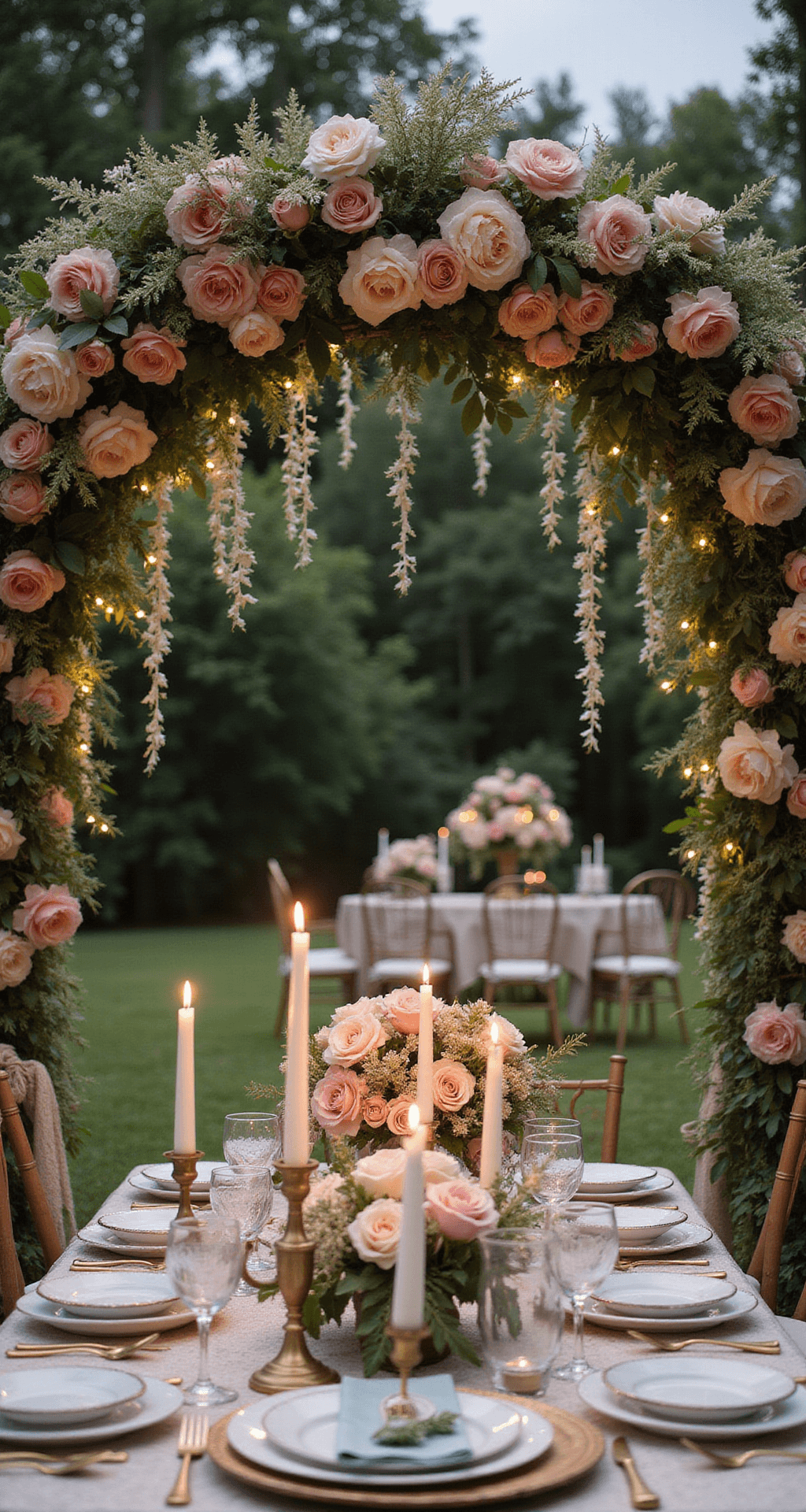 A romantic vintage garden wedding in blush and ivory, featuring a floral arch of garden roses, antique brass candlesticks on lace-covered tables, and soft fairy lights creating a dreamy twilight ambiance.