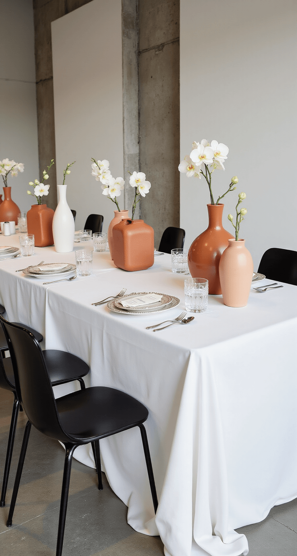 Modern minimalist wedding reception with geometric terracotta and white centerpieces, sculptural ceramic vases holding single stem orchids, textured white linens, black metal chairs, and dramatic lighting casting shadows against concrete and white walls.