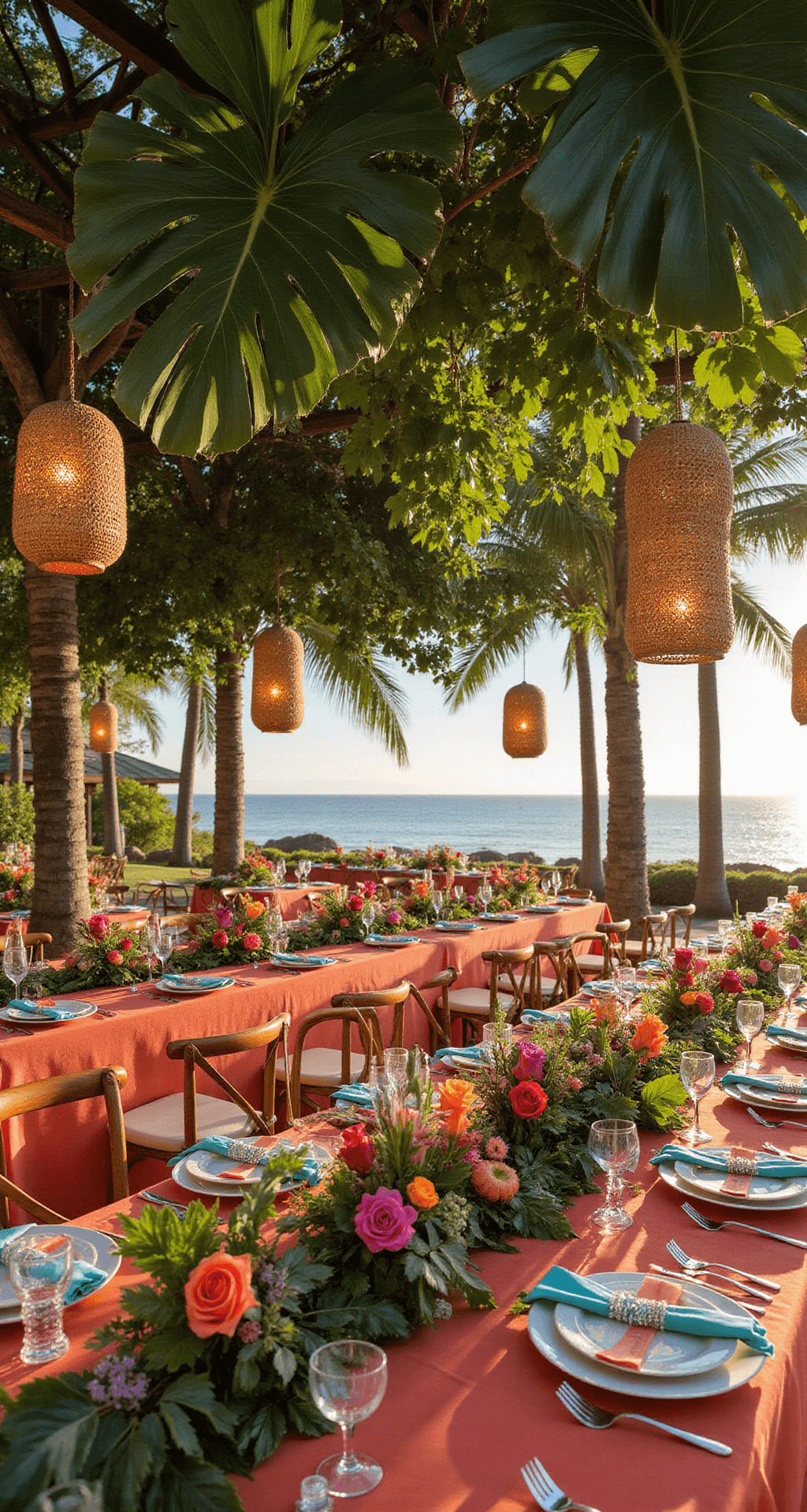 A vibrant tropical wedding featuring bold coral and turquoise decor, massive monstera leaf installations from the ceiling, woven rattan lanterns, lush greenery on tables, oversized floral arrangements in glass vases, all illuminated by warm golden sunset light.