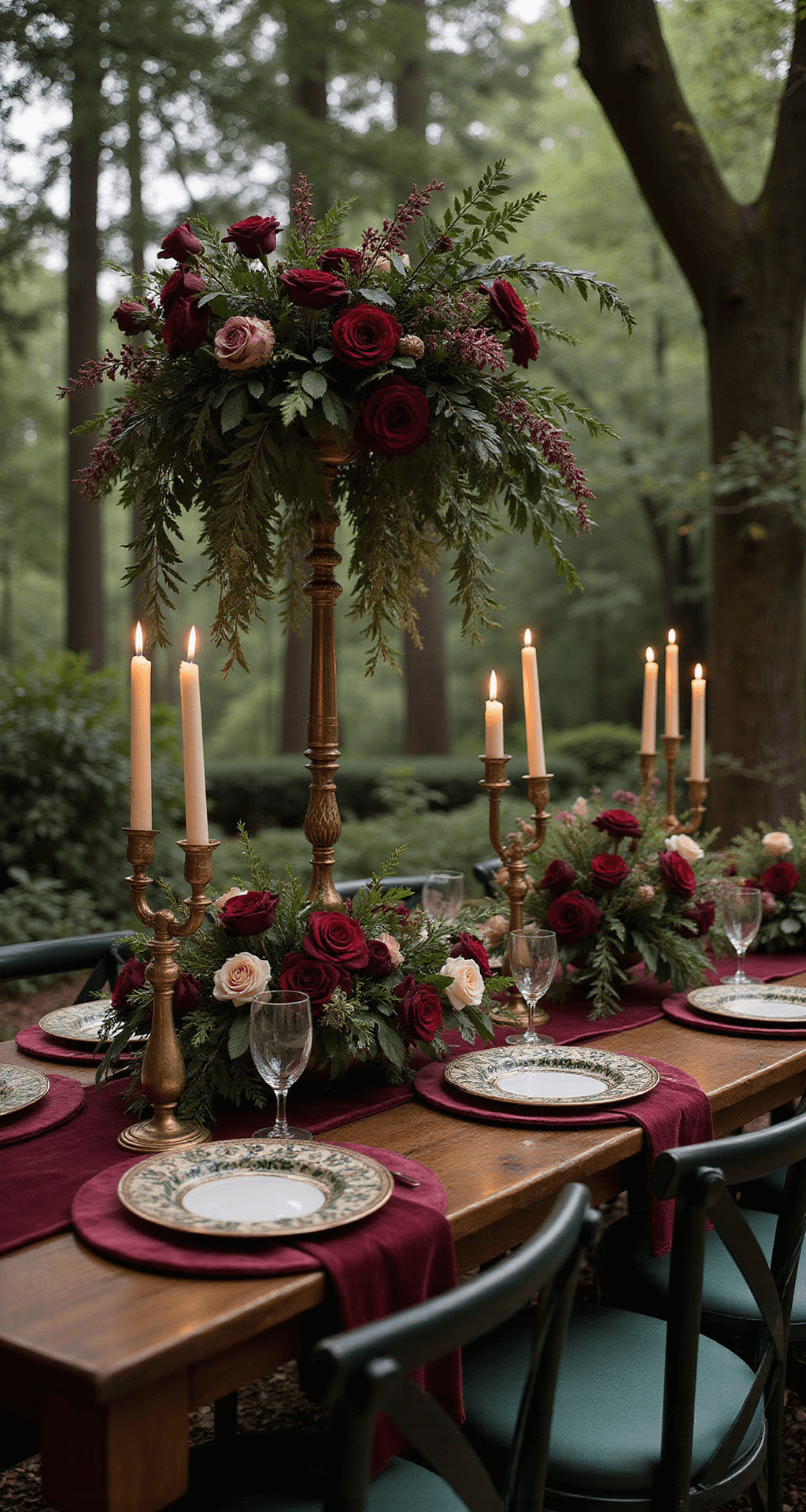A fairytale garden wedding featuring emerald green and burgundy decor, with lush floral centerpieces of velvet roses and cascading greenery, elegant candelabras with dripping candles, luxurious velvet table runners, and soft, romantic lighting.