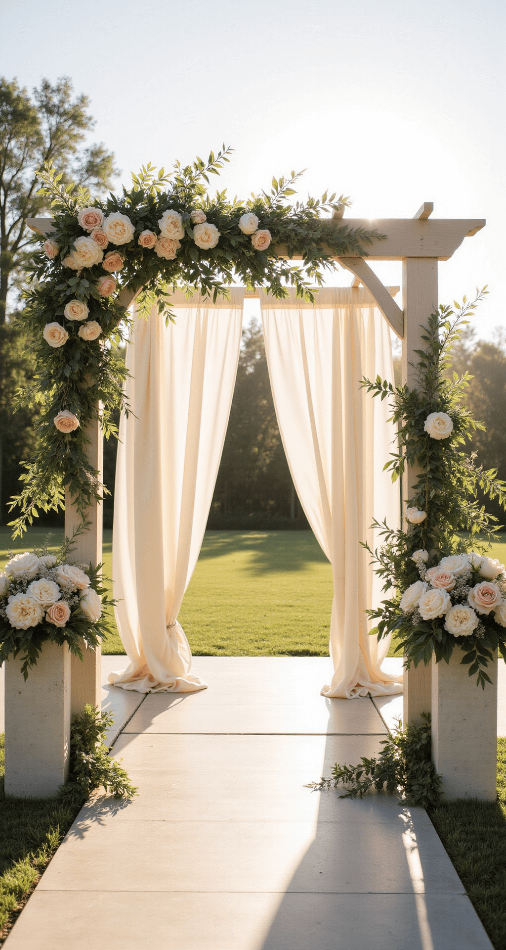 Elegant wedding ceremony backdrop with a white wooden arch adorned with ivory garden roses, blush peonies, and eucalyptus, framed by soft ivory linen drapes, illuminated by golden hour sunlight, captured from an overhead angle showcasing floral arrangements on marble pedestals and architectural details.