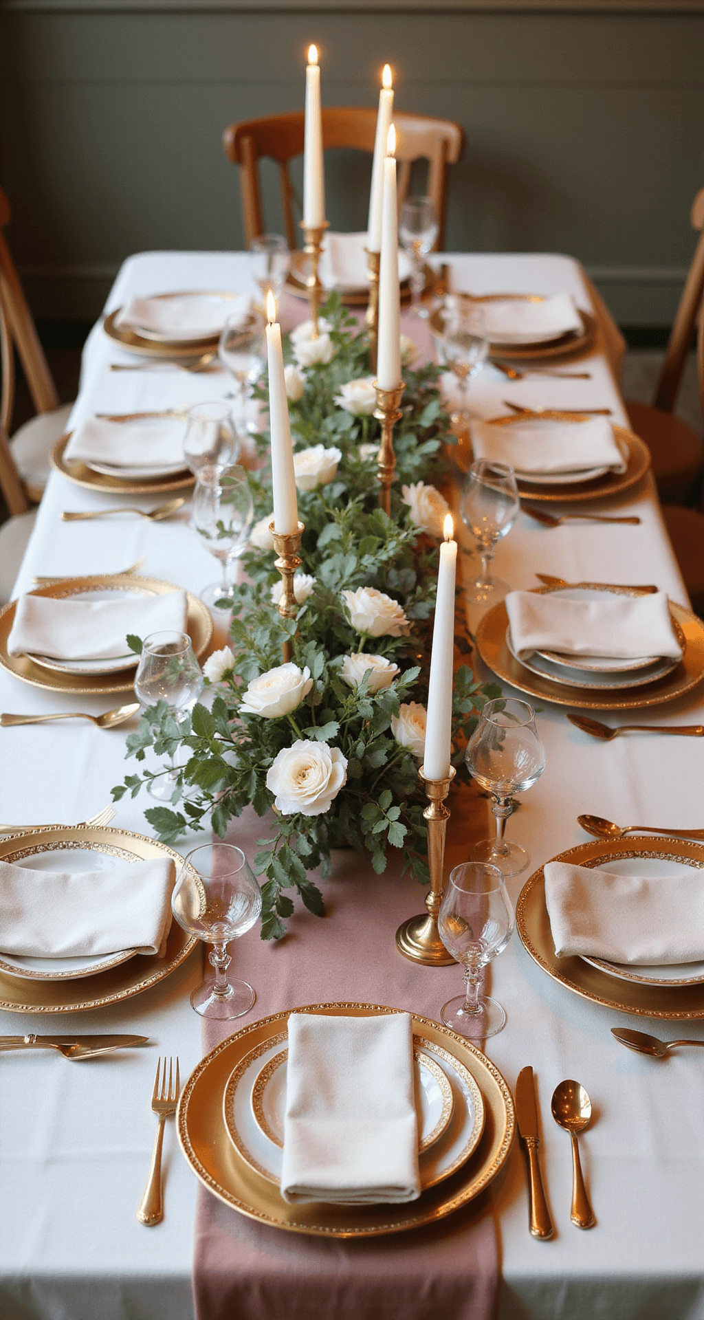 A sophisticated reception table setup featuring a blush velvet table runner over ivory silk linens, tall crystal taper candles in gold candlesticks, low white ranunculus and eucalyptus arrangements, gold-rimmed charger plates, crisp white porcelain, and delicate glassware, all bathed in soft amber uplighting.