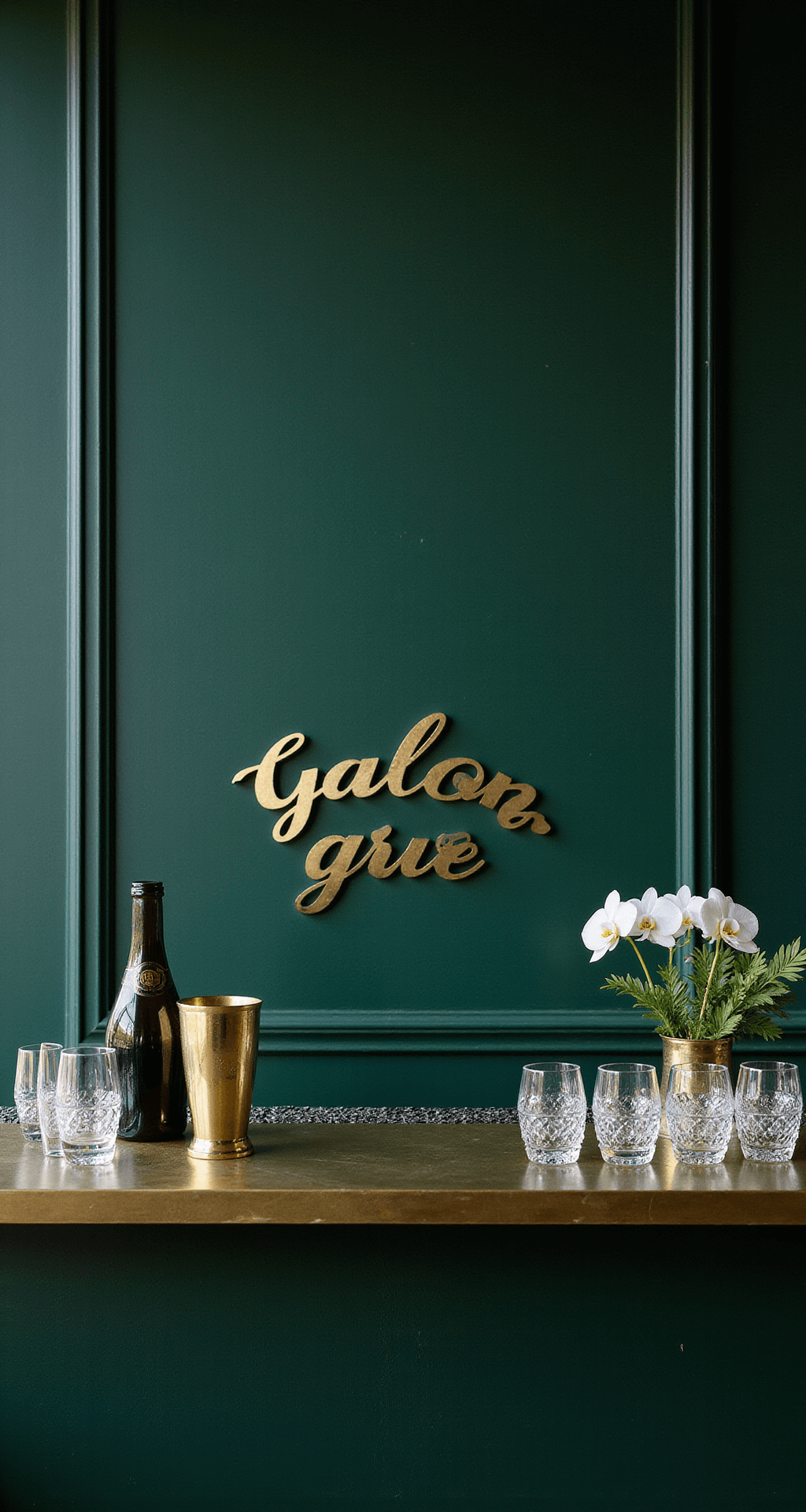 A sophisticated wedding bar area showcasing a deep emerald green backdrop, geometric brass accessories, premium crystal glasses, soft white uplighting, elegant gold-script signage, and a small floral arrangement of white orchids and deep green leaves, captured from a cinematic angle.