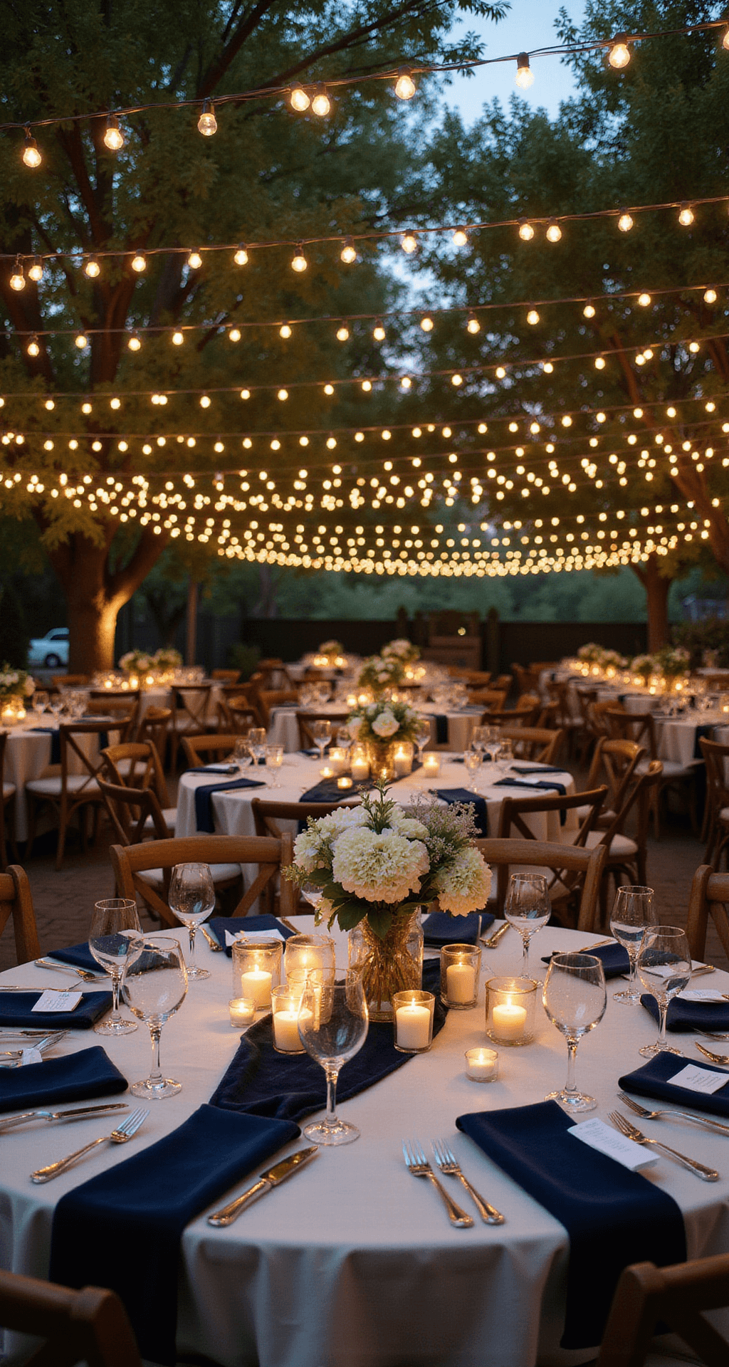 An intimate outdoor reception at golden hour, featuring bistro string lights above round tables dressed in ivory linens and navy velvet runners, adorned with low white flower centerpieces and glowing candlelight in glass hurricanes, capturing a warm and inviting atmosphere.