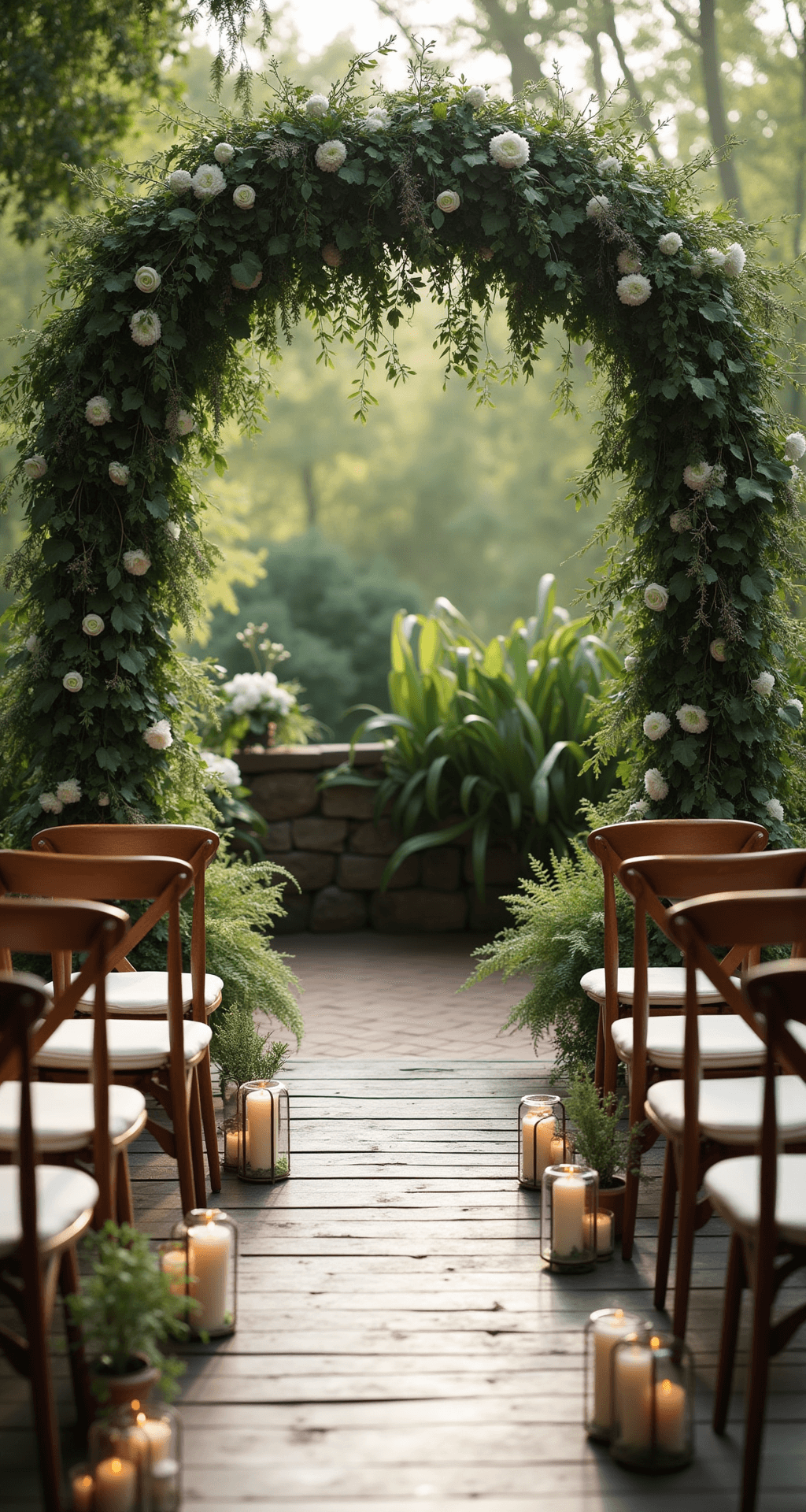 An intimate outdoor ceremony space featuring a lush greenery arch adorned with ivy and eucalyptus, surrounded by rustic wooden chairs with pale silk cushions arranged in a semi-circle, and an aisle lined with potted succulents and delicate ferns, illuminated by soft morning sunlight with minimal white floral accents and candles in clear glass vessels for added warmth, captured in a cinematic overhead shot.