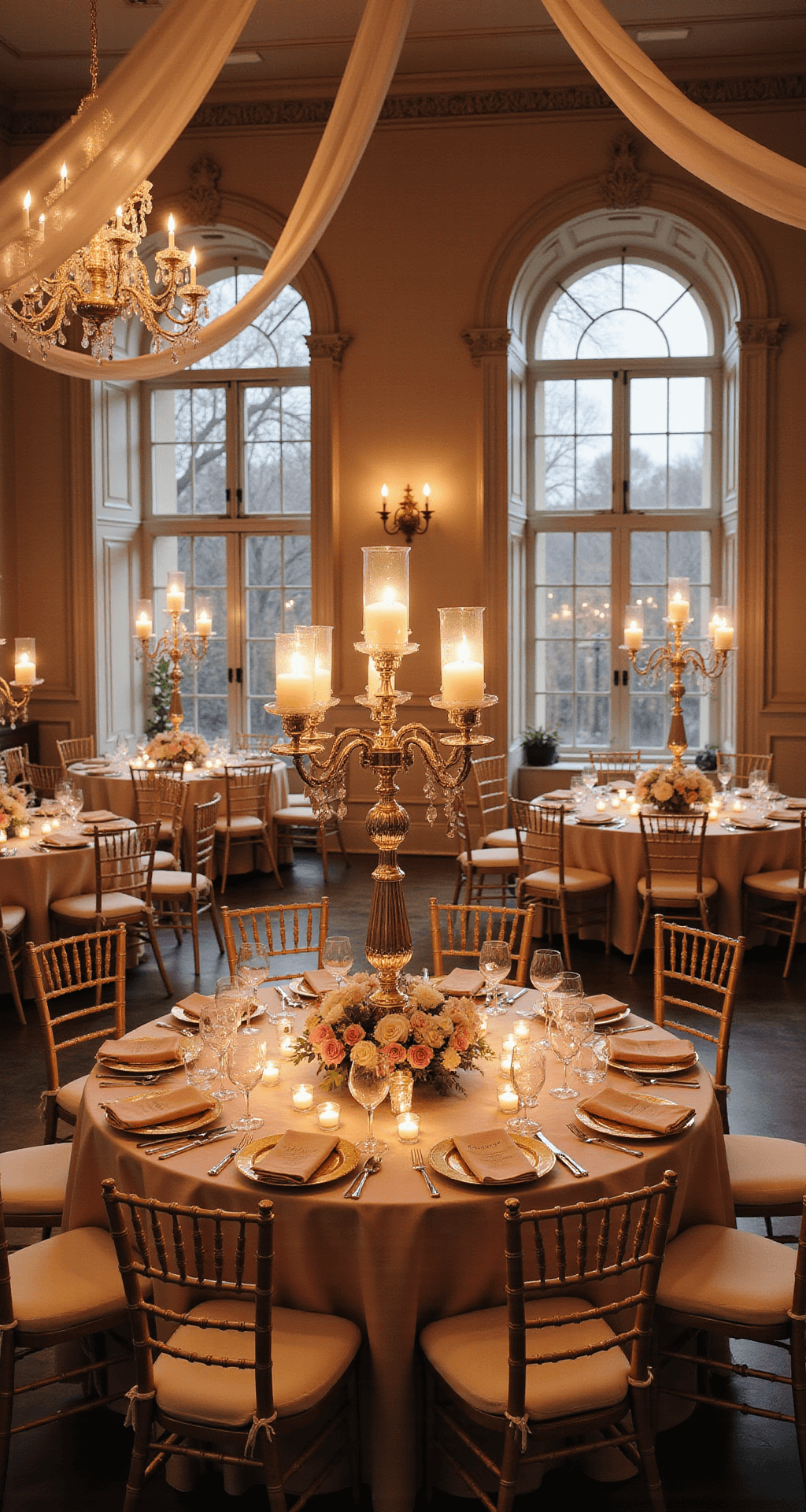 A romantic Victorian-inspired wedding reception featuring candlelit ambiance, ivory silk draping from the ceiling, vintage silver candelabras as centerpieces, blush-toned embroidered napkins, and warm golden hour light filtering through ornate windows, creating an intimate and elegant atmosphere.
