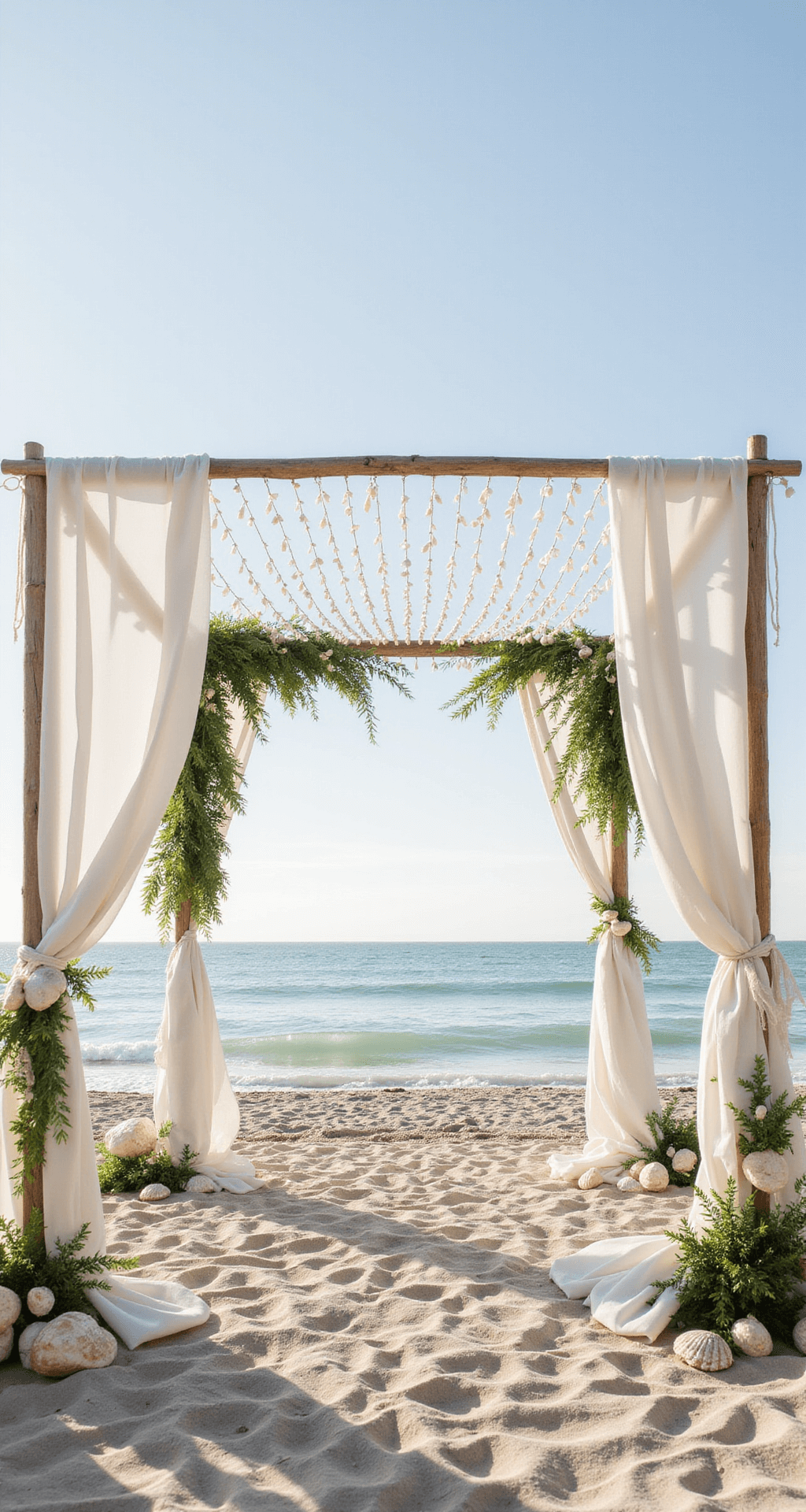 A modern coastal wedding ceremony featuring pearlescent seashell accents, white fabric arches with greenery, soft string lights, natural wood elements, and a pale blue and ivory color palette, set against a sandy beachfront with gentle waves and sunlight creating an ethereal glow.