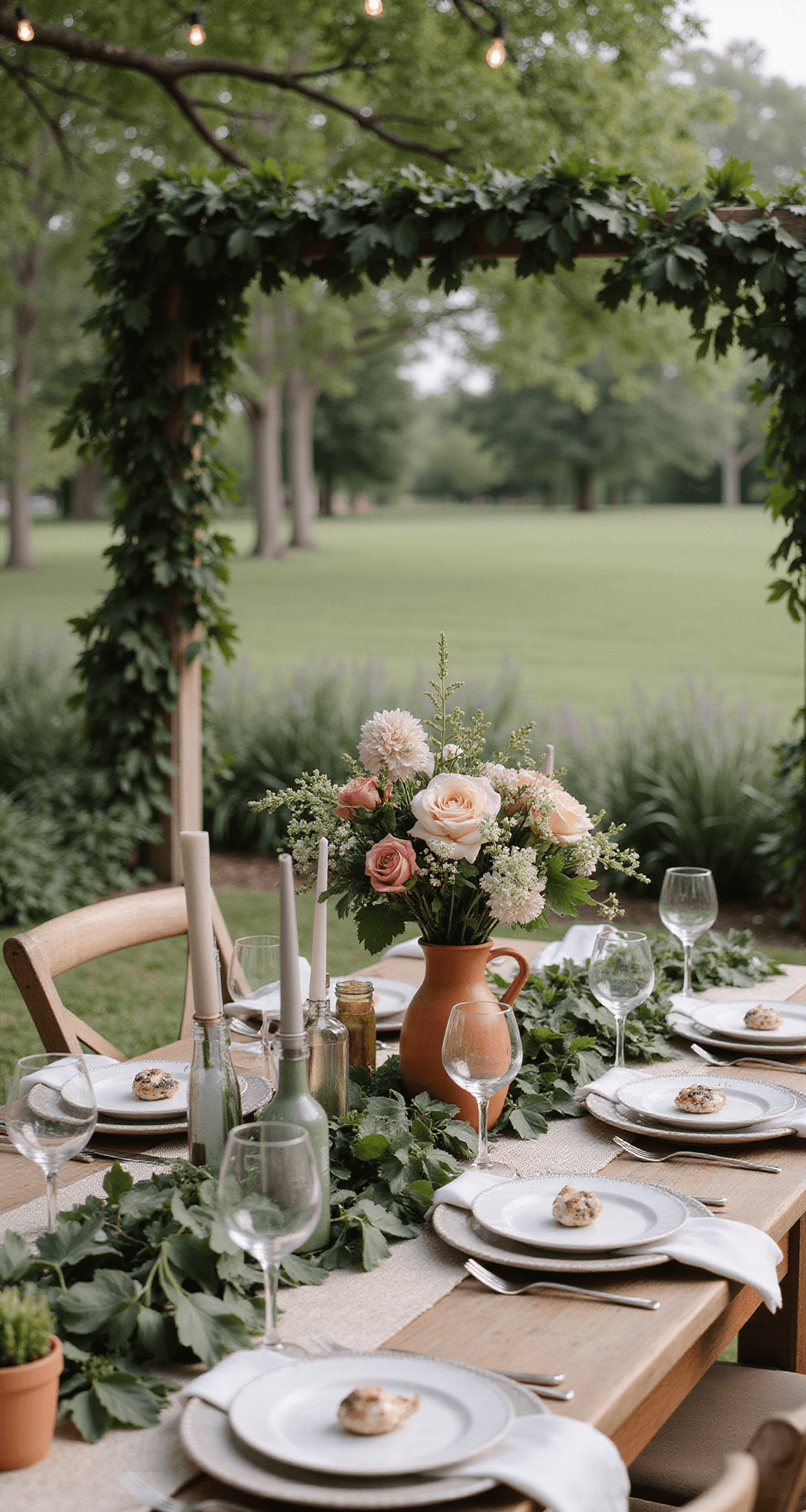 An intimate garden wedding reception with greenery garlands, hand-painted wine bottle centerpieces with fairy lights, rustic wooden farm tables dressed in textured linen runners, butterfly napkin rings, a sage and terracotta color palette, and cascading floral arrangements in vintage ceramic vases.