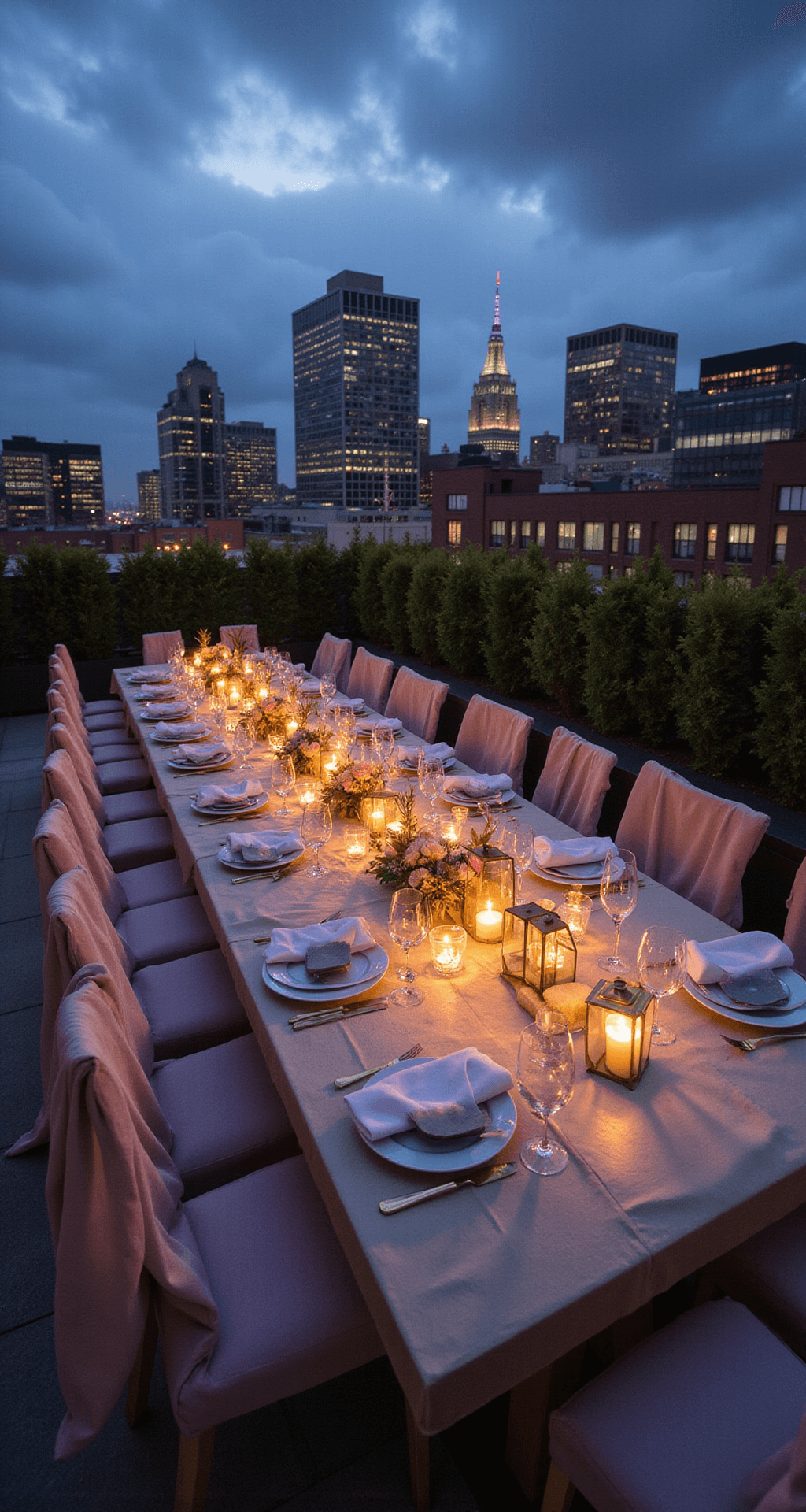 A romantic rooftop wedding at twilight, featuring warm pools of light from lanterns and candles, modern geometric decor with sleek silver accents, and draped sheer fabrics in soft lavender and ivory, all set against a city skyline backdrop.