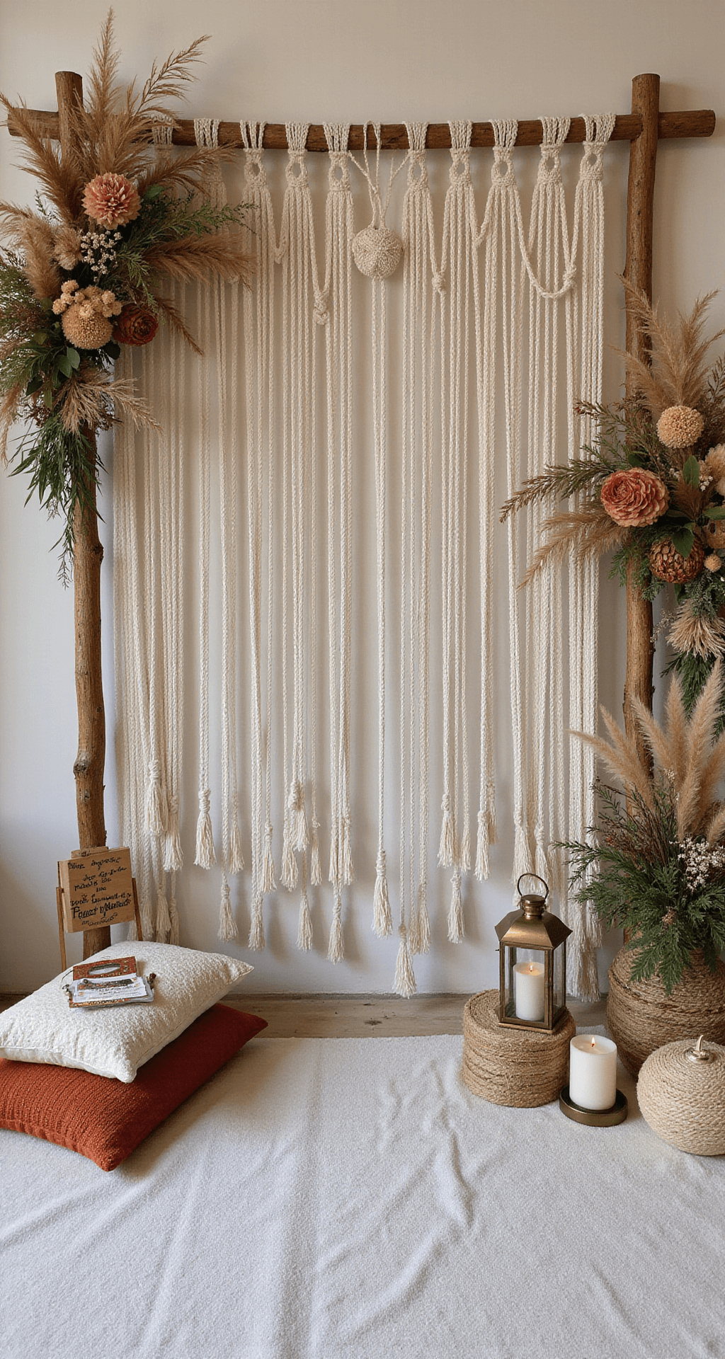 A whimsical bohemian ceremony space featuring a handcrafted macramé backdrop, dried pampas grass arrangements, embroidered signage, vintage brass lanterns, and floor cushions, all in a soft neutral color palette of cream and terracotta, complemented by natural wood elements.