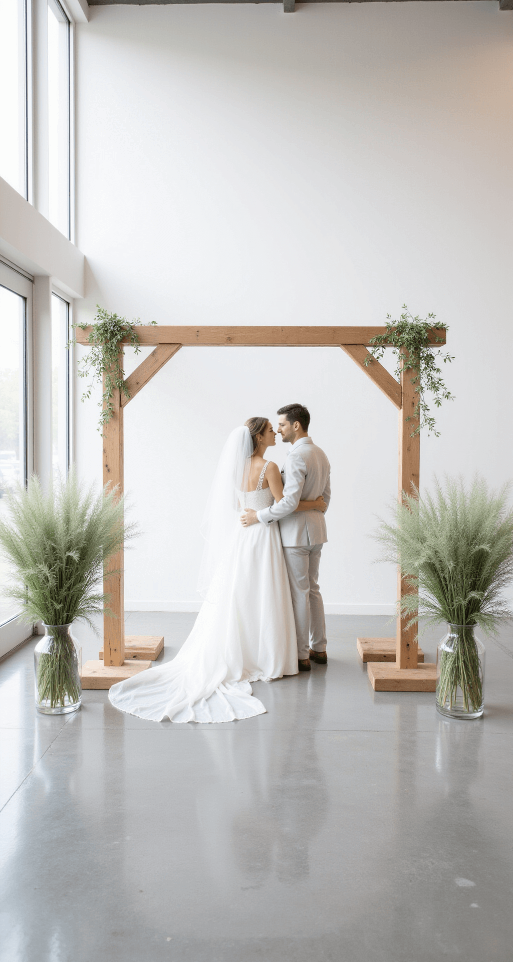 A minimalist wedding ceremony setup features a wooden arch with sage green plants on either side, a white bride and groom standing beneath it, and pampas grass in glass vases lining the aisle, all bathed in natural light in a bright white room.