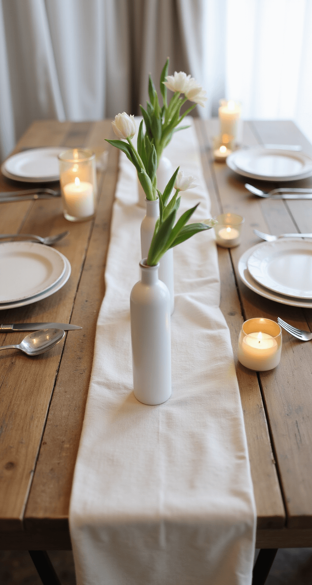 An intimate reception table set with a raw wood surface, featuring a cream linen runner, a tall bud vase with a single white tulip, simple white ceramic plates, and matte silver flatware. Soft candlelight from varying height pillar candles creates a warm glow, enhanced by natural daylight filtering through sheer linen curtains, all conveying a sense of calm elegance.