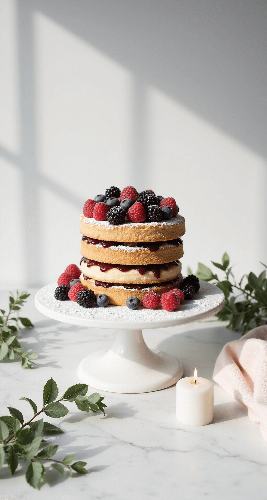 Minimalist wedding cake on a white marble surface, featuring a three-tier naked cake with powdered sugar and fresh seasonal berries, surrounded by eucalyptus leaves and a white pillar candle, illuminated by soft natural light.