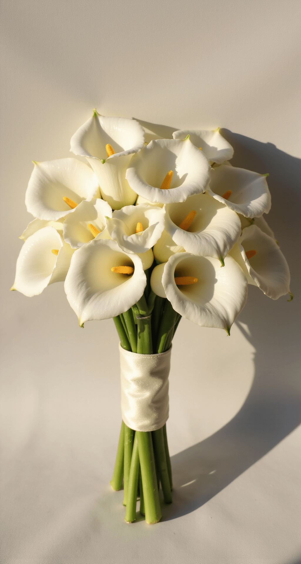 A elegant bride's bouquet of white calla lilies wrapped in cream linen ribbon, illuminated by golden hour light against a soft neutral background.