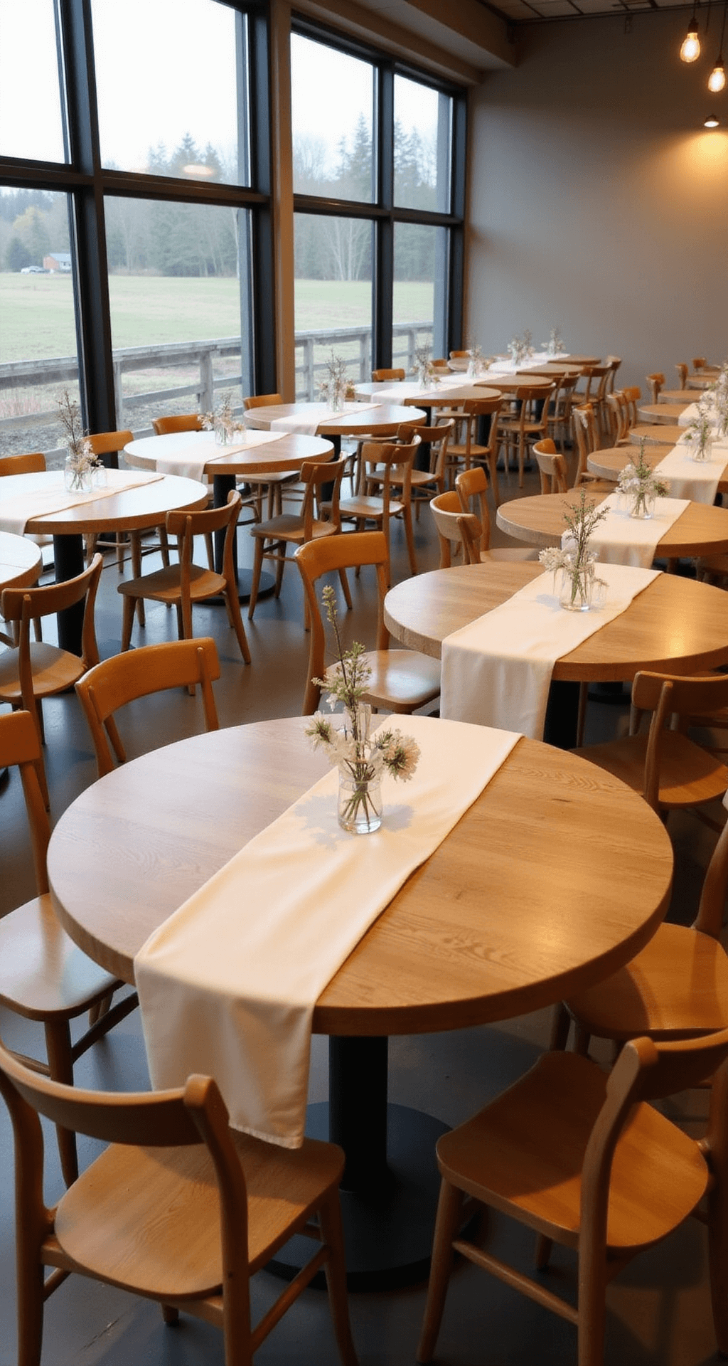 A wedding reception setup featuring round wooden tables with cream linen runners, simple wooden chairs, and tall clear glass vases with single flower stems as centerpieces, bathed in warm uplighting, with large windows showcasing a soft natural landscape outside.