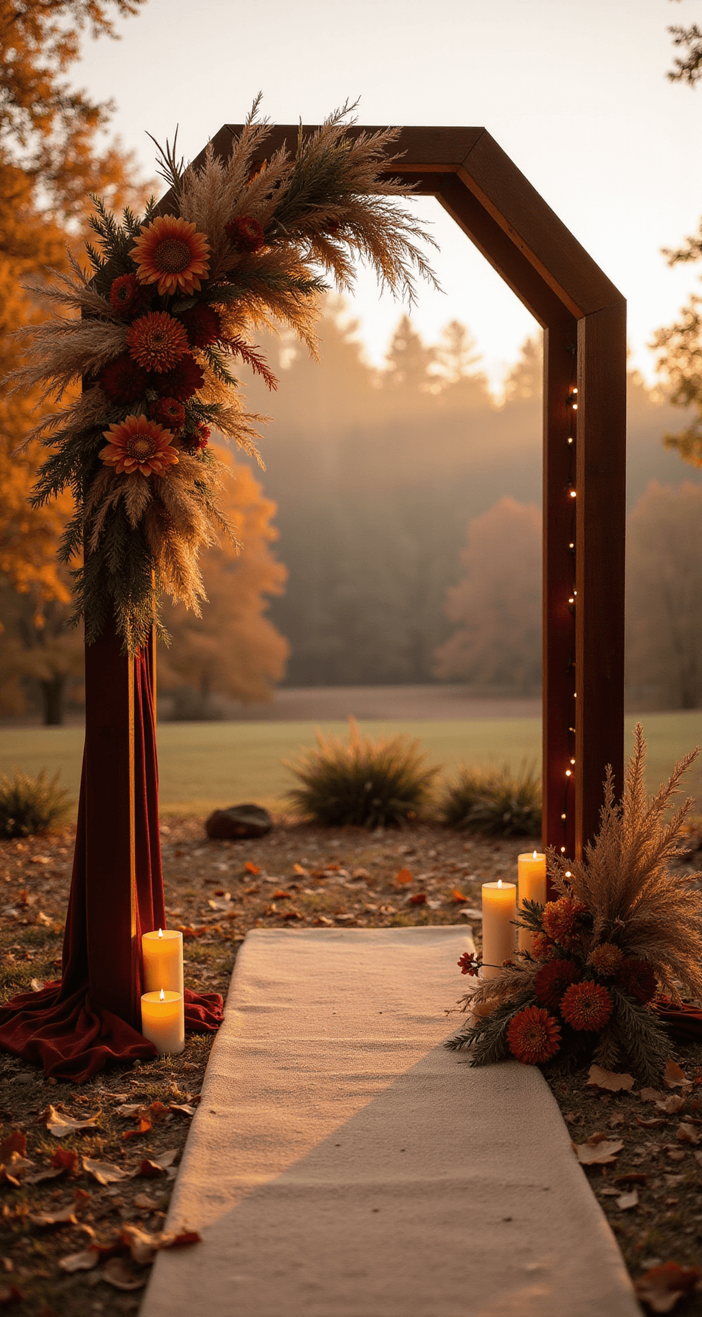 Photorealistic fall wedding ceremony scene at golden hour featuring a hexagonal wooden arch draped in burgundy velvet, adorned with pampas grass and terracotta dahlias, set on a soft earth-toned rug amidst scattered autumn leaves, with twinkling string lights and a misty forest backdrop in amber and rust tones.