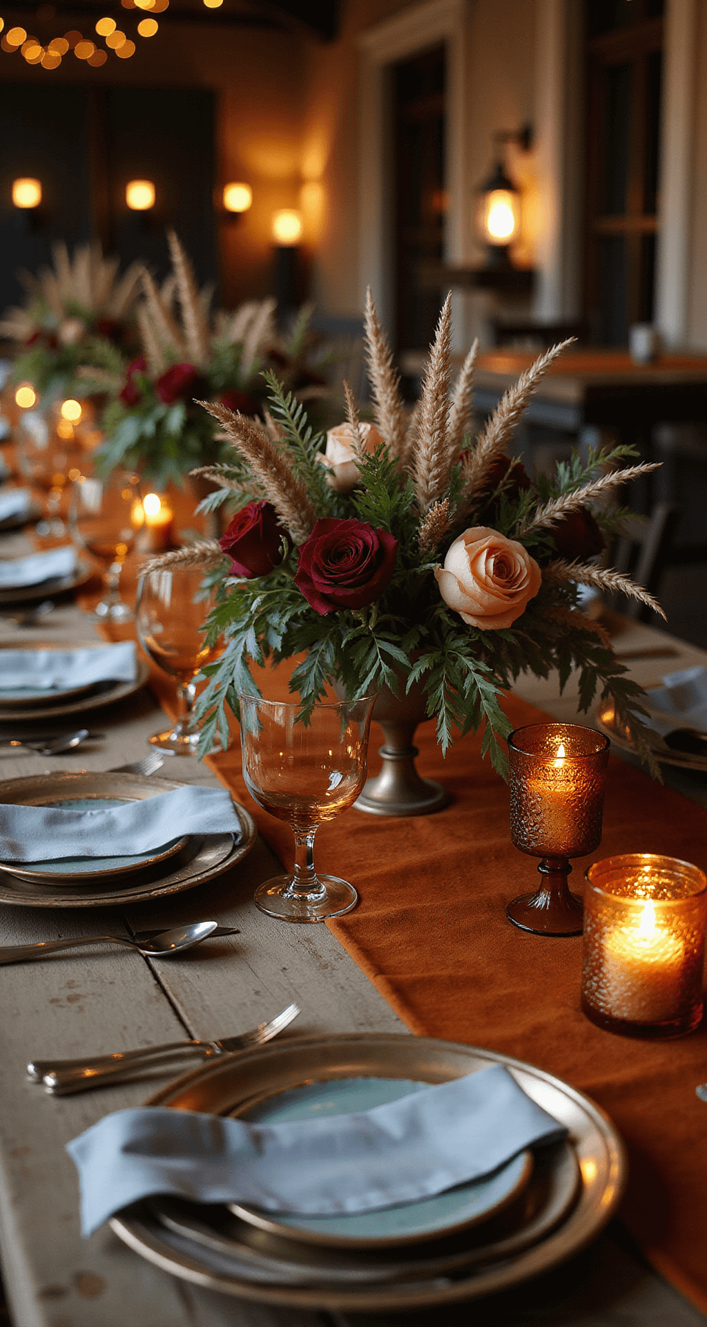 Intimate fall wedding reception tablescape with terracotta velvet runner, low floral centerpiece of burgundy roses and wheat, clustered amber glass candle holders, delicate ceramic place settings with blue accents, and soft background with fairy lights and lanterns.