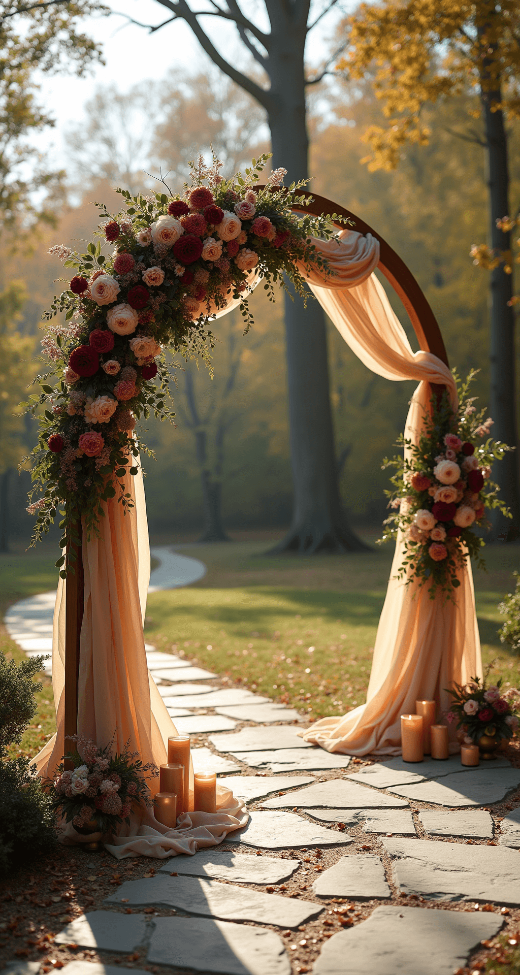 Outdoor fall wedding ceremony with a circular wooden arch draped in champagne fabric and adorned with deep plum dahlias, blush ranunculus, and cascading greenery, surrounded by varying heights of candles in antique brass holders, set on a natural stone pathway scattered with autumn leaves.