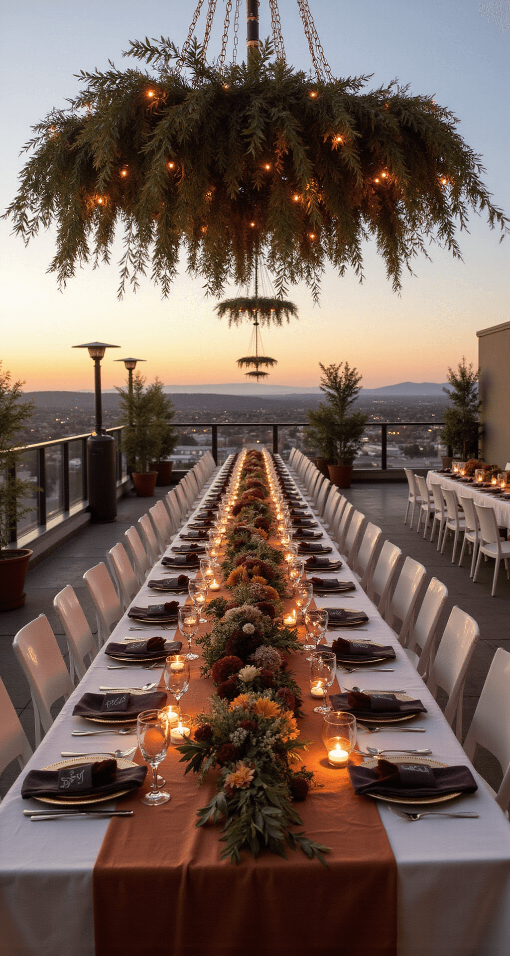 A beautifully decorated rooftop fall wedding reception at sunset, featuring long farm tables draped in rust and ivory linens, adorned with jewel-toned florals, suspended dried botanicals, fairy lights, elegant place settings, and soft candlelight.