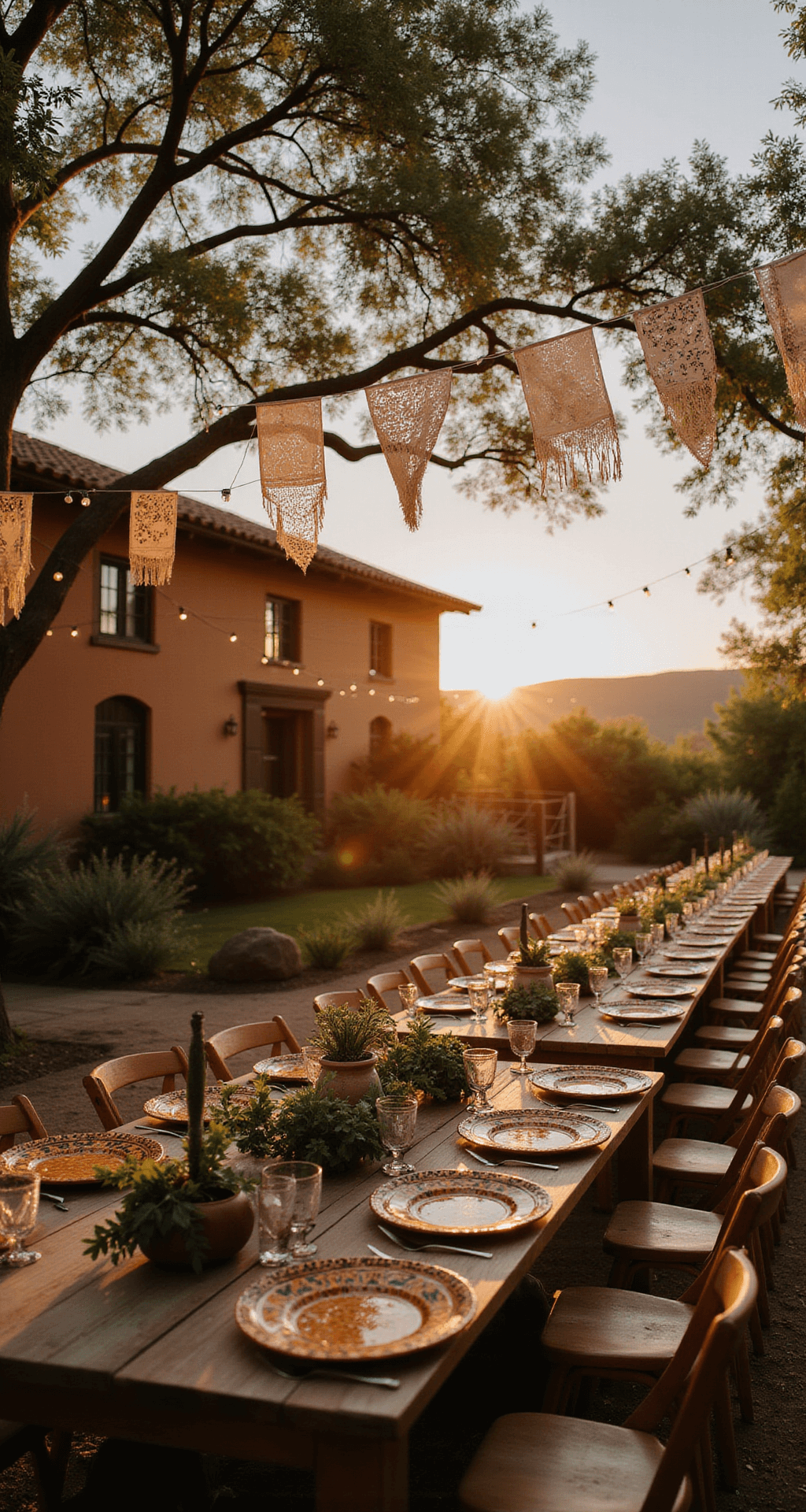 A rustic outdoor hacienda wedding venue at golden hour, adorned with intricate papel picado banners and soft string lights, featuring vintage Talavera pottery centerpieces on wooden tables surrounded by lush greenery and terracotta accents, creating an intimate and romantic Mexican celebration atmosphere.