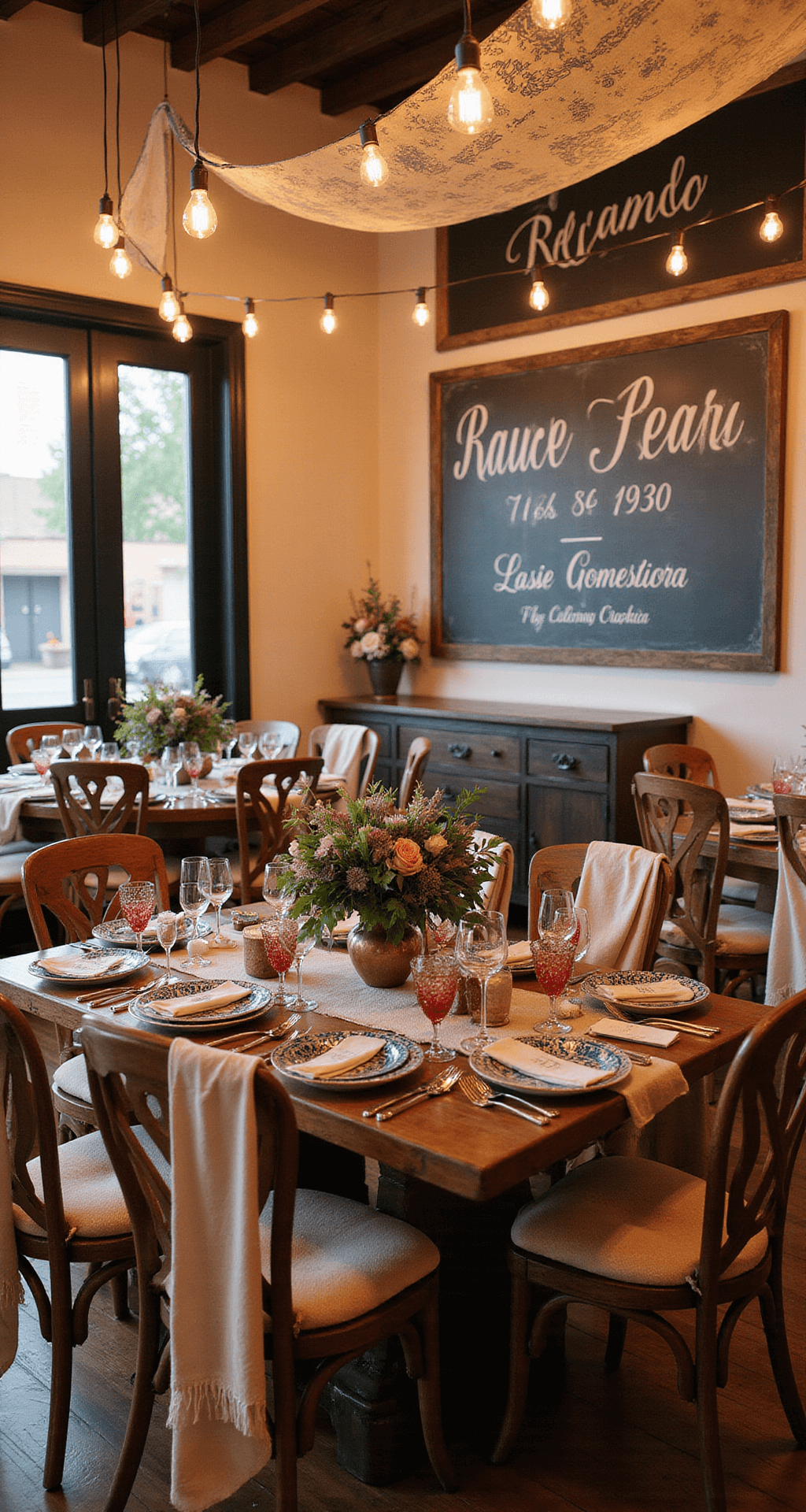 An elegantly styled reception space showcasing hand-woven Mexican textiles on vintage wooden chairs, custom bilingual signage in elegant script, twinkling Edison bulb string lights, rich Talavera ceramic place settings with copper and burgundy accents, and delicate papel picado overhead casting intricate shadows.