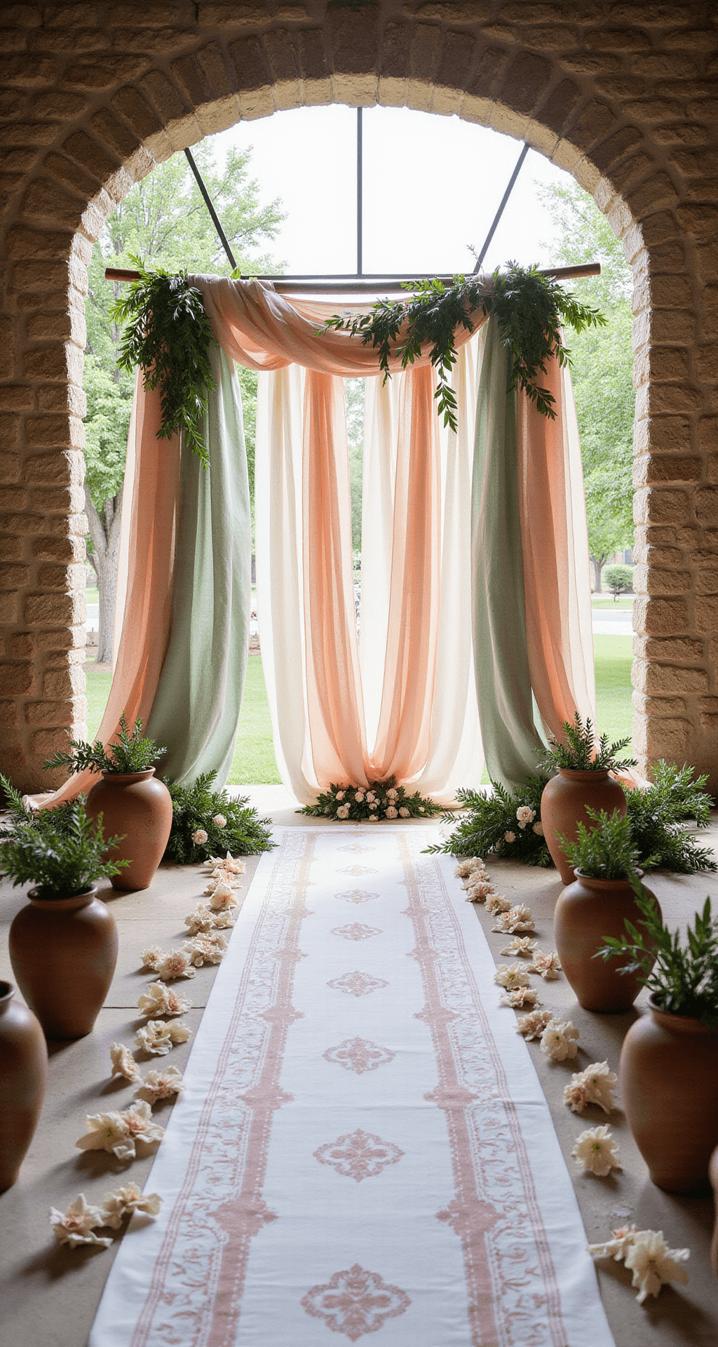 A beautiful ceremony arch decorated with blush, cream, and sage green papel picado, set against natural stone walls of a hacienda, with morning sunlight filtering through the cutouts, surrounded by terra cotta urns and hand-embroidered runners.