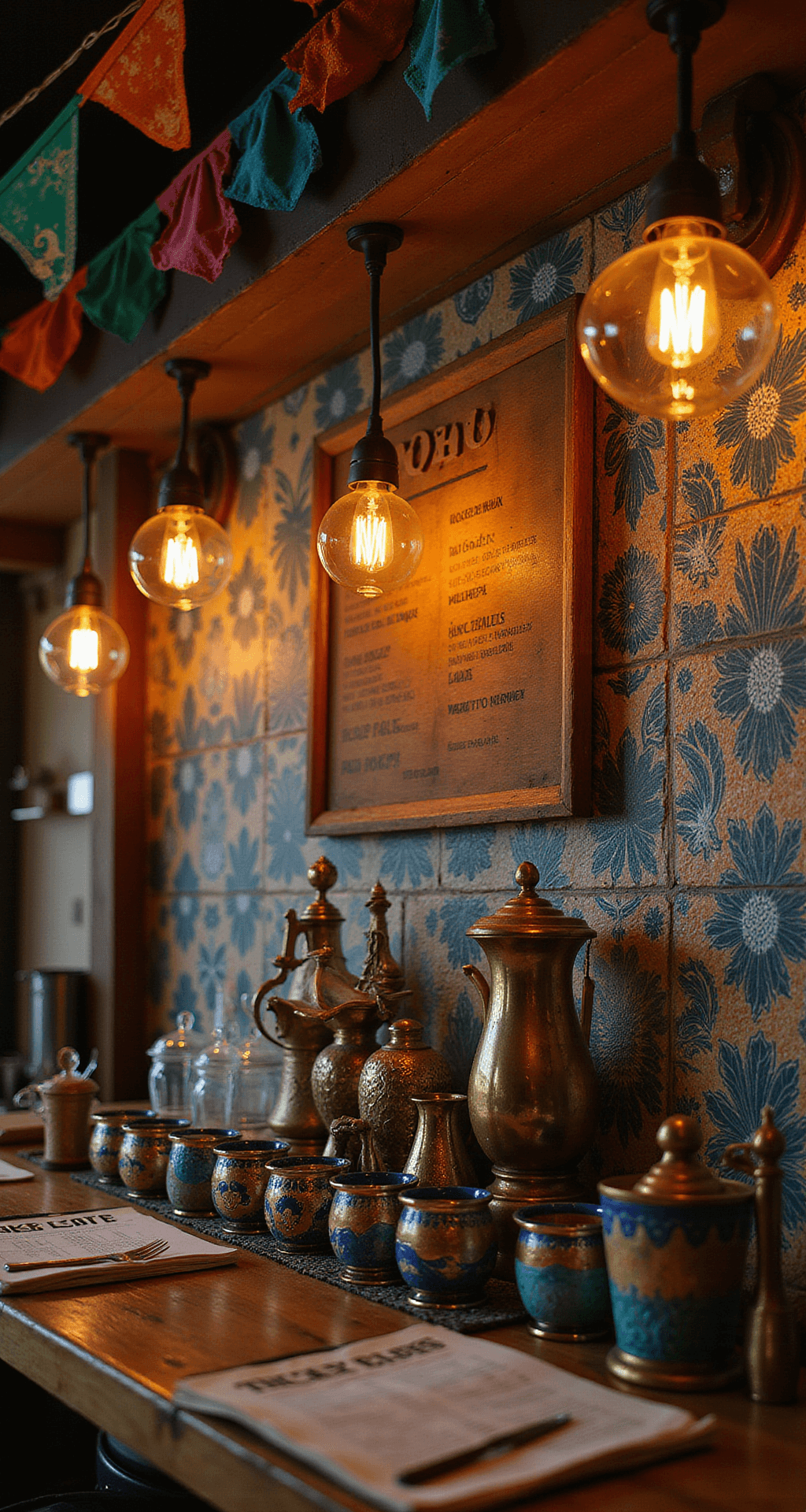 Intimate bar area featuring hand-painted Mexican tile, vintage brass bar tools, artfully arranged Talavera shot glasses, a custom cocktail menu on weathered wood, warm string lights, and colorful bunting flags, showcasing craftsmanship and cultural elements.