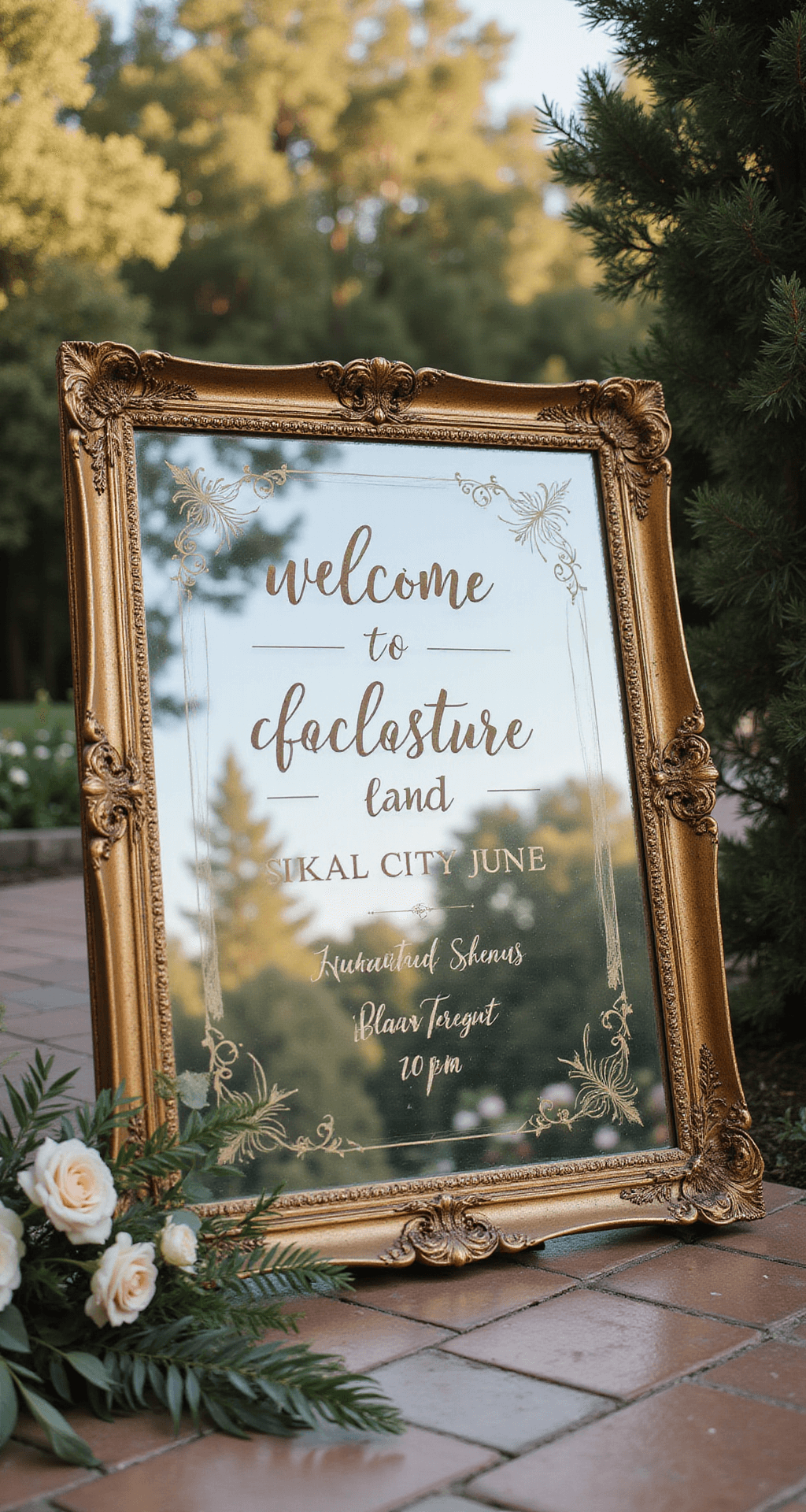 A luxurious wedding welcome sign in elegant calligraphy on an antique gold-rimmed mirror, surrounded by blush pink roses and sage greenery, captured in soft natural light during golden hour.