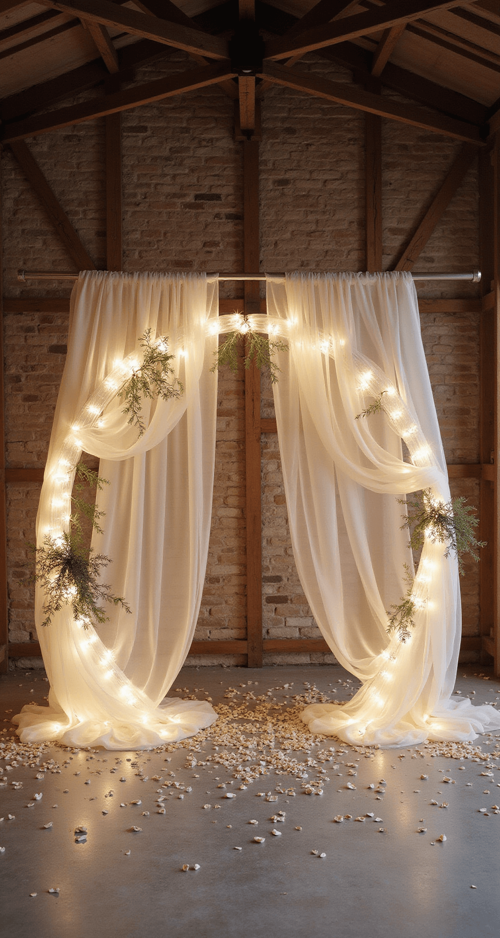 Aerial view of a circular wedding arch adorned with cream tulle and white string lights inside a rustic barn, surrounded by scattered cream rose petals, showcasing soft lighting and organic textures.