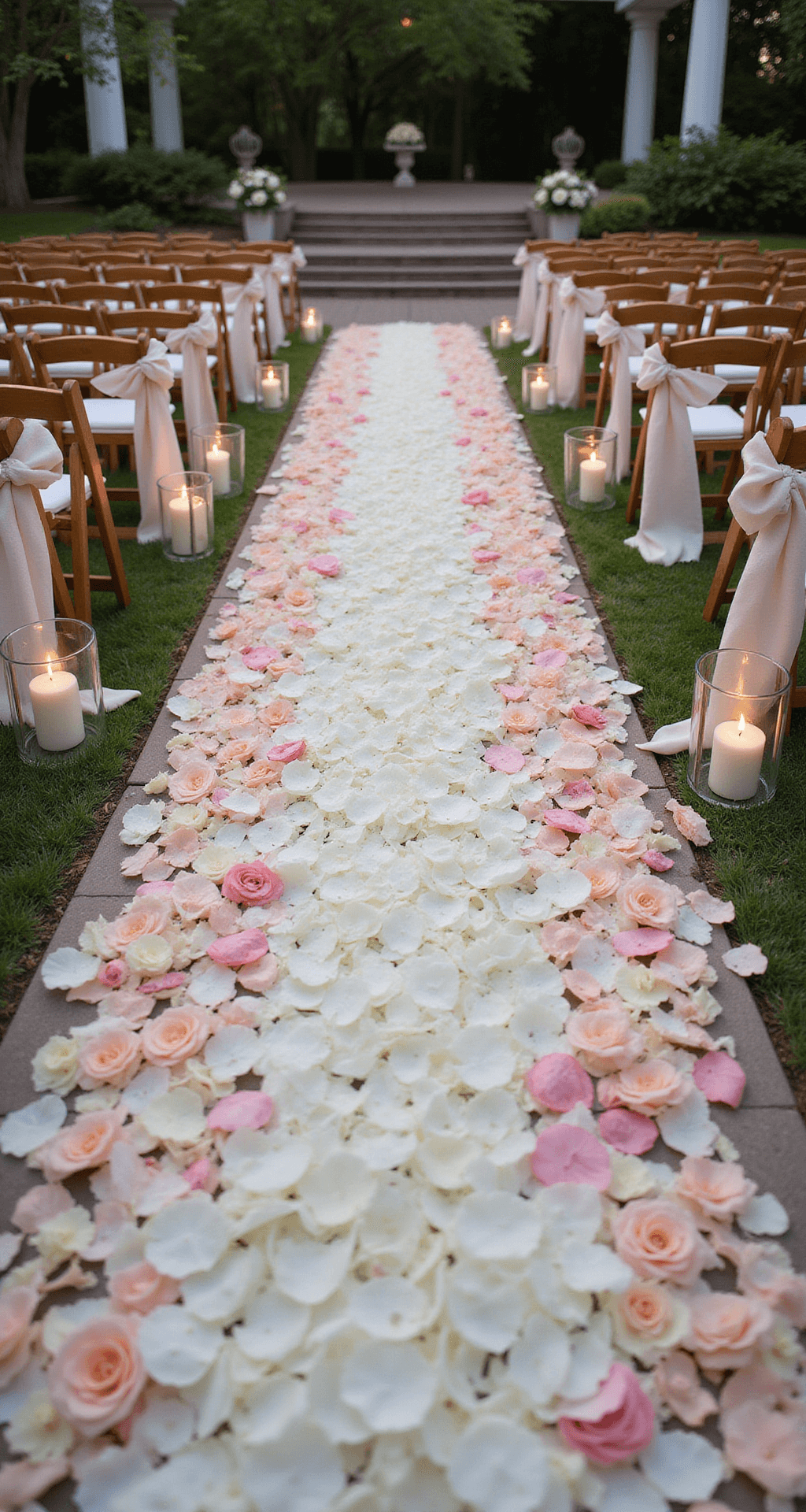 An elegant wedding aisle adorned with white and blush rose petals in an ombre gradient, bordered by glass lanterns with flameless candles, featuring wooden chairs with ivory linen swags, set in a modern garden venue with natural stone pathways, captured in soft warm lighting.