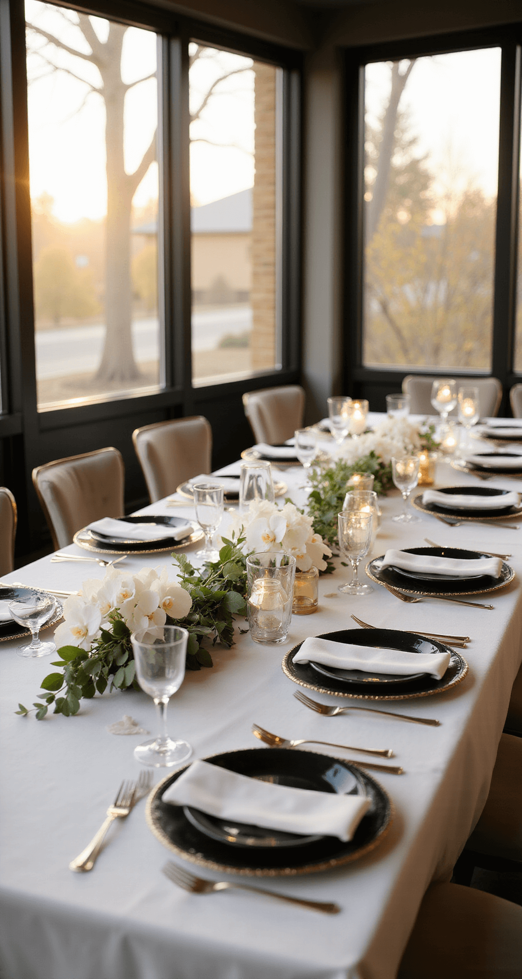 A sophisticated wedding reception tablescape with white tablecloths, black charger plates, gold-rimmed china, crystal stemware, and low centerpieces of white orchids and eucalyptus, bathed in soft golden hour lighting.
