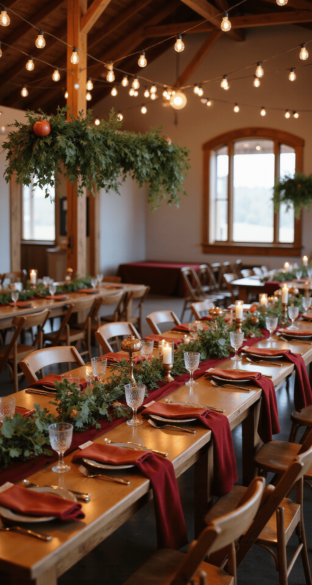 A warm autumn wedding reception in a barn, featuring long wooden farm tables with terracotta and burgundy velvet linens, rustic centerpieces of pomegranates and greenery, and soft candlelight with hanging Edison string lights.