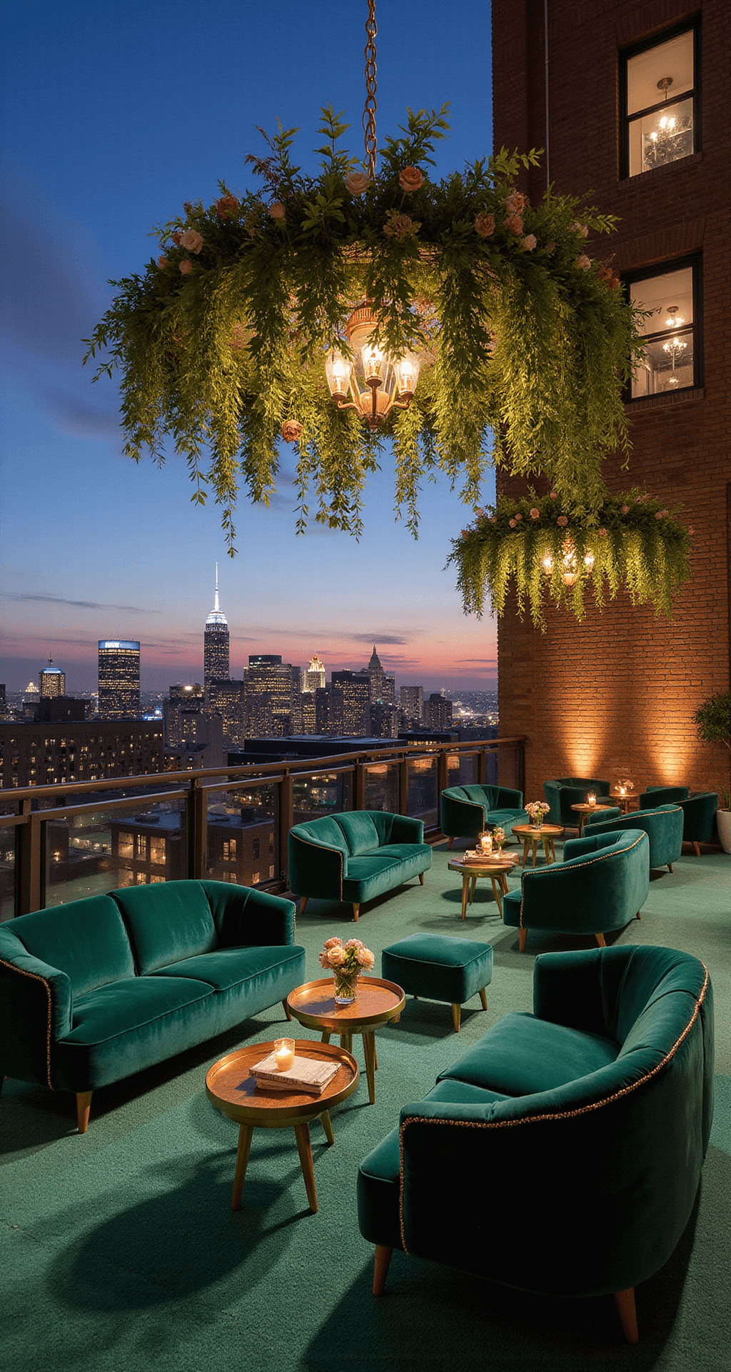 A luxurious rooftop wedding reception with jewel-toned velvet lounges in emerald and sapphire, gold-trimmed chairs, cascading floral installations, and a city skyline backdrop, illuminated by strategic uplighting transitioning from sunset to nighttime.
