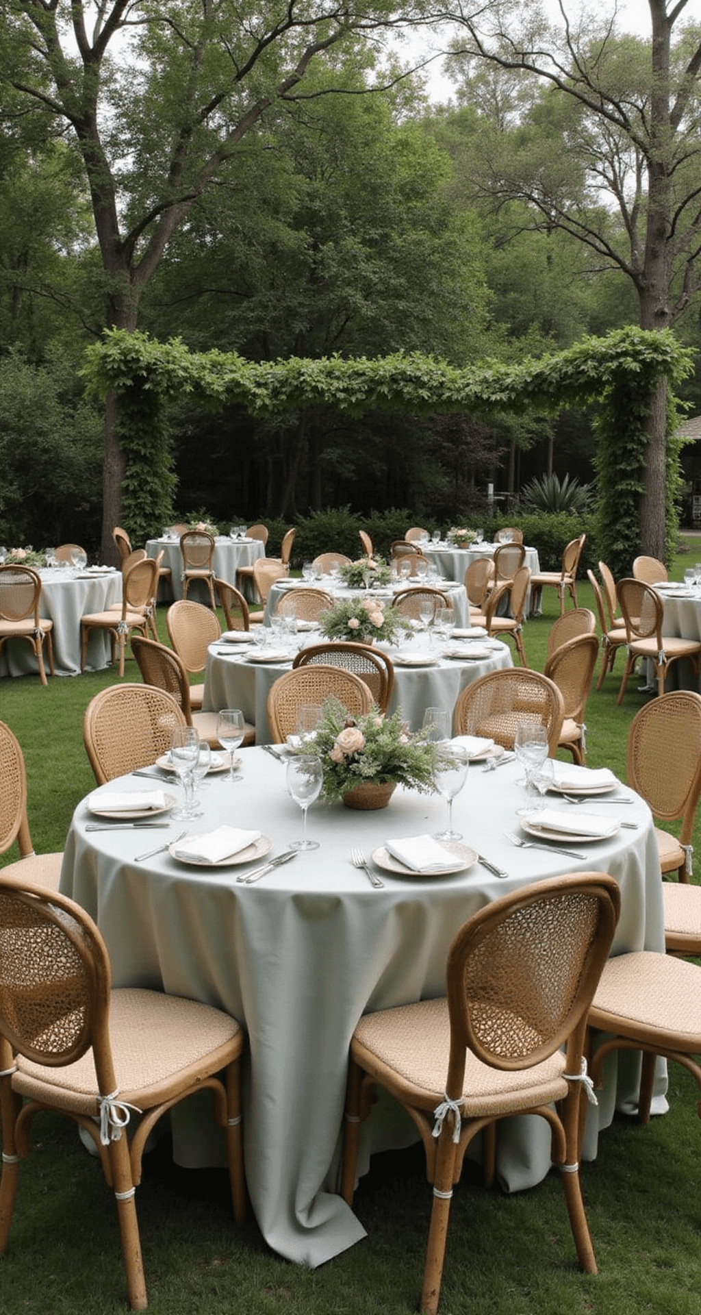 A serene garden-inspired wedding reception with sage green and cream tones, featuring cane furniture, natural linen tablecloths, low centerpieces of fresh herbs and wildflowers, and soft fairy lights woven into greenery, all set in gentle morning light.