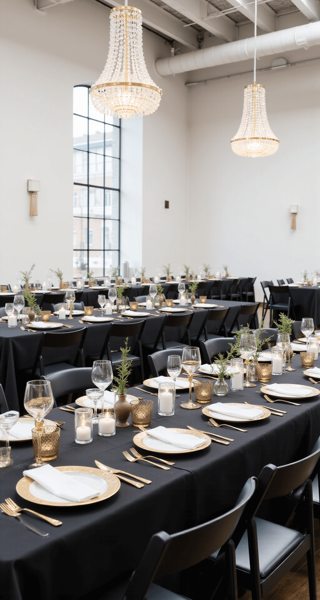 A modern minimalist wedding reception in a white-walled urban loft featuring black and white decor, sleek geometric tables, white ceramic plates with gold rims, and contemporary sculptural centerpieces with single stems and metallic accents, illuminated by dramatic crystal chandeliers and precise architectural lighting.