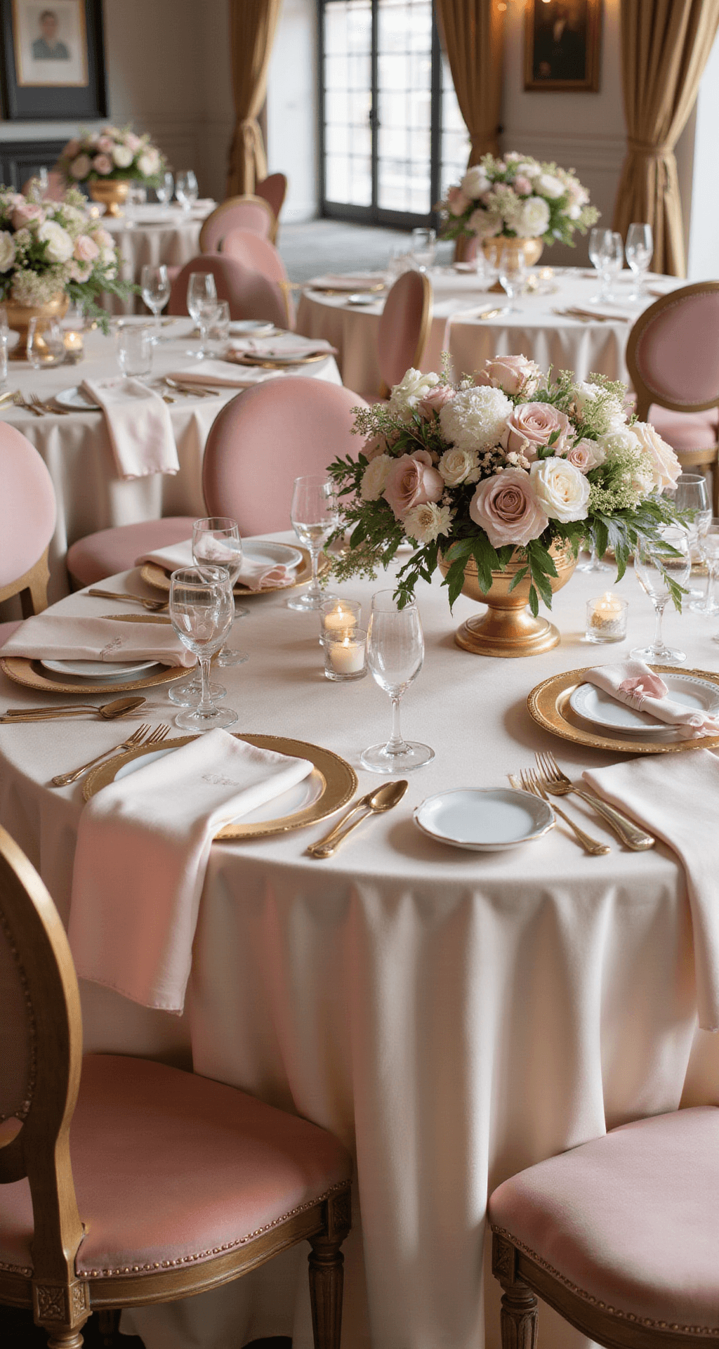 A romantic wedding reception featuring pale pink velvet chairs, cream silk linens, rose gold charger plates, low floral arrangements of soft pink roses and white ranunculus, and soft candlelight in a classic ballroom setting.