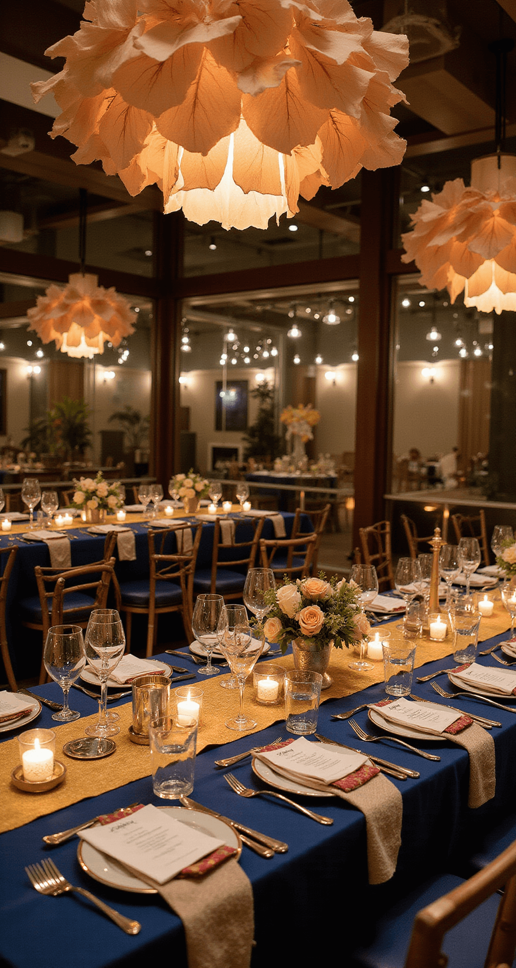 A beautifully decorated wedding reception featuring custom paper crane chandeliers, a deep navy blue and gold color palette, traditional textile table runners, mirrored accents, and elegant place settings with personalized calligraphy, blending tradition with contemporary elegance.