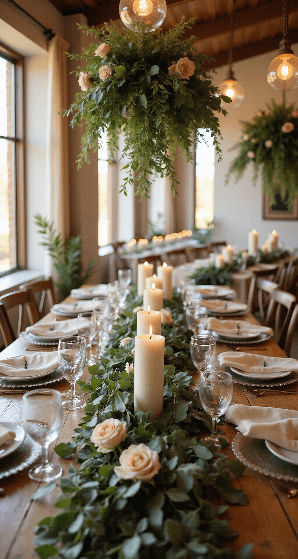 Aerial view of a luxurious wedding reception table featuring a dramatic eucalyptus garland intertwined with blush roses and ivory candles, set with cream silk linens and delicate glass chargers, all illuminated by golden hour sunlight and complemented by hanging glass orbs with tea lights.