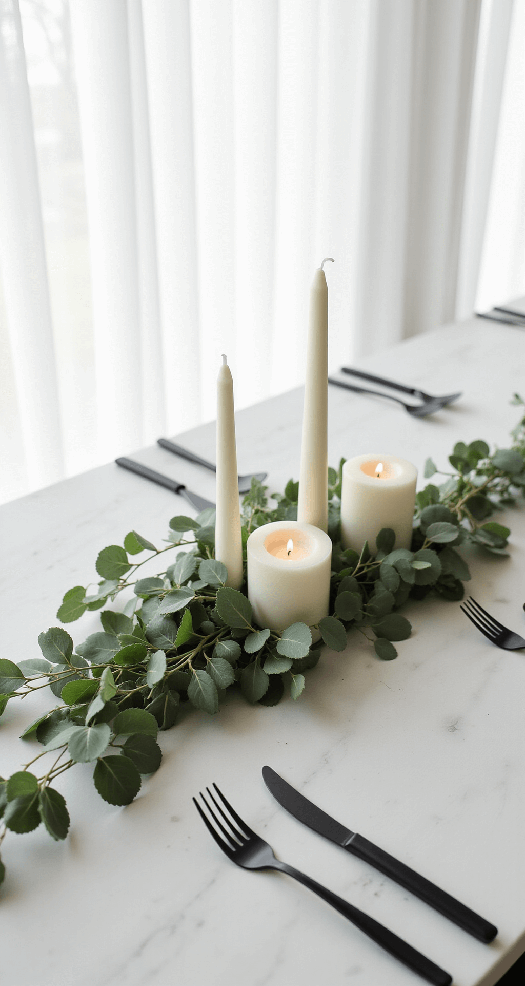 Intimate minimalist wedding table featuring a sculptural eucalyptus arrangement between three white pillar candles on a white marble surface, illuminated by soft morning light with matte black cutlery and modern place settings.